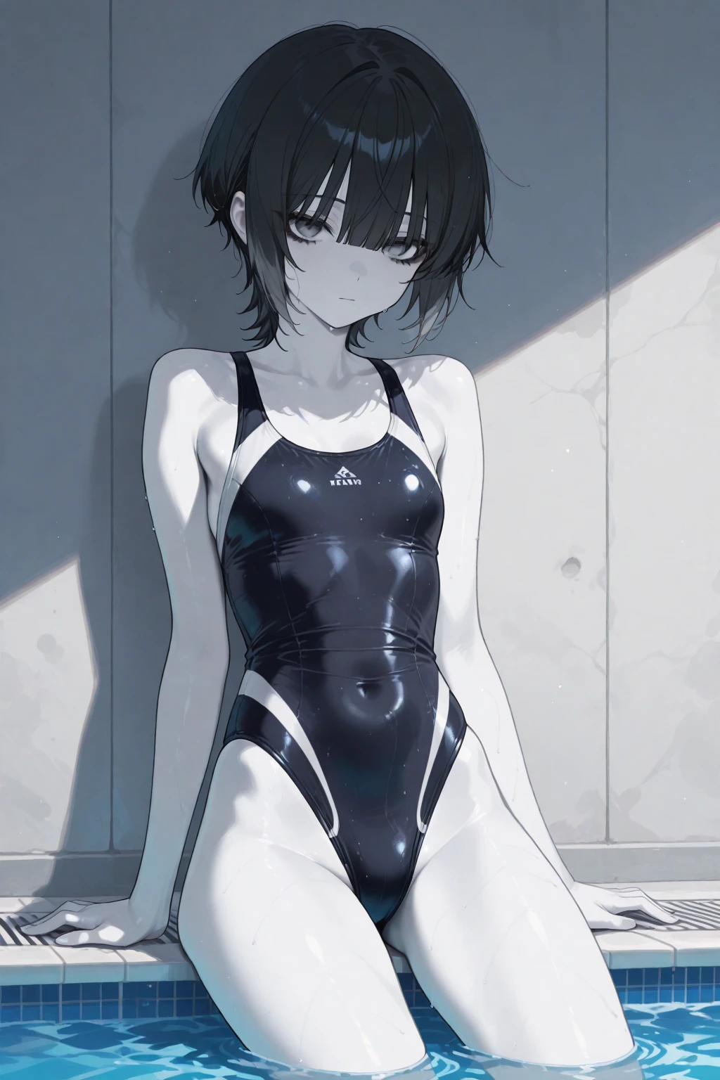 ultra-Top-quality by art God, ultra-detailed, high resolution, shinkai makoto style, anime moe artstyle, best anime 8k konachan wallpaper, pixiv contest winner, perfect anatomy, break,(Please draw a picture of a girl in a swimsuit sitting sleepily on a bench by the poolside alone.),break, a hyperrealistic school girl, (Solo,lolita, ???, 13-year-old:1.3),Full limbs, complete fingers, androgynous charm, (very short hair), wet hair, small breasts,slender body, Small butt, groin, Small black eyes,hanme,beautiful detailed eyes, well-proportioned iris and pupils, sleepy eyes, highres detailed hair, swimsuit, wet swimsuit, bare shoulders, thighs, in the school pool. break,super detailed skin, shiny skin, Best lighting powered by famous artist, 8k, illustration,UHD, textured skin,break,((artist:mattaku_mousuke )), artist:clamp ,artist:carnelian ,artist:kantoku ,
