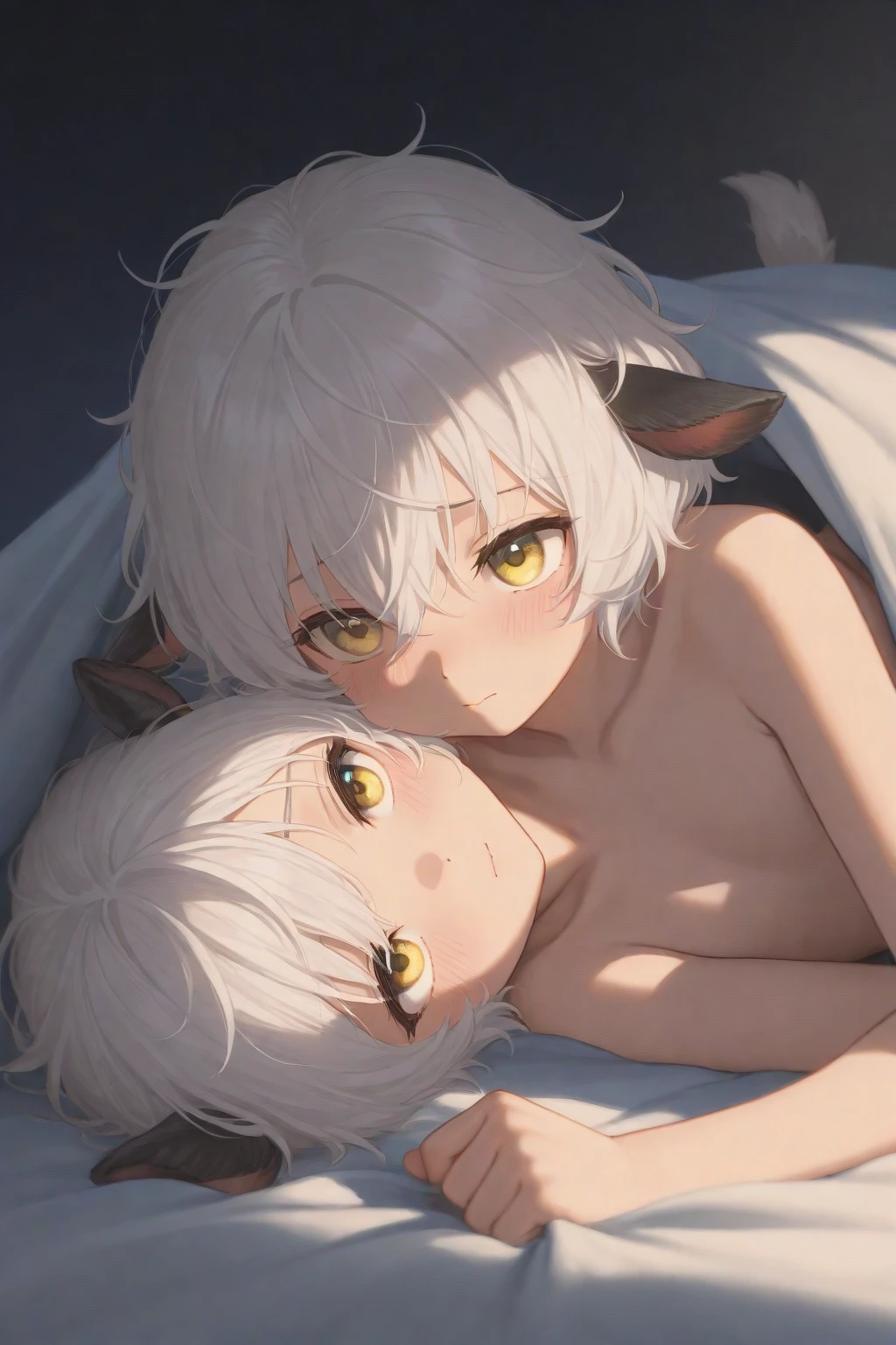 beautiful eyes,{best quality}, {very aesthetic}, {ultra-detailed}, {best illustration}, nsfw,(2boys:1.9),eyes wide open,(silver hair:1.3),(long hair:1.9),(Fox ears:1.9),((testicles, perineum:1.4)),2d,Anime Face,(No tear bags),(bangs between eyes),((flat chest)),Steamy skin,skiny boy,(pale skin:1.4),Transparency,A seductive smile,(fem boy),(flat chest),dooring,((blushing)),Beautiful Nose,perfect anatomy,teen ager,Medically correct human body,flat chest,(shota:1.8),(otoko no ko:1.8),(2eyes),(Perfect Nakedness:2),(bukkake:1.8),(Lying on a man:1.8),(deepthroat,irrumatio:1.0),(Swallowing penis:1.4),(Close-up of mouth),(facial:1.5),(solo focus)
