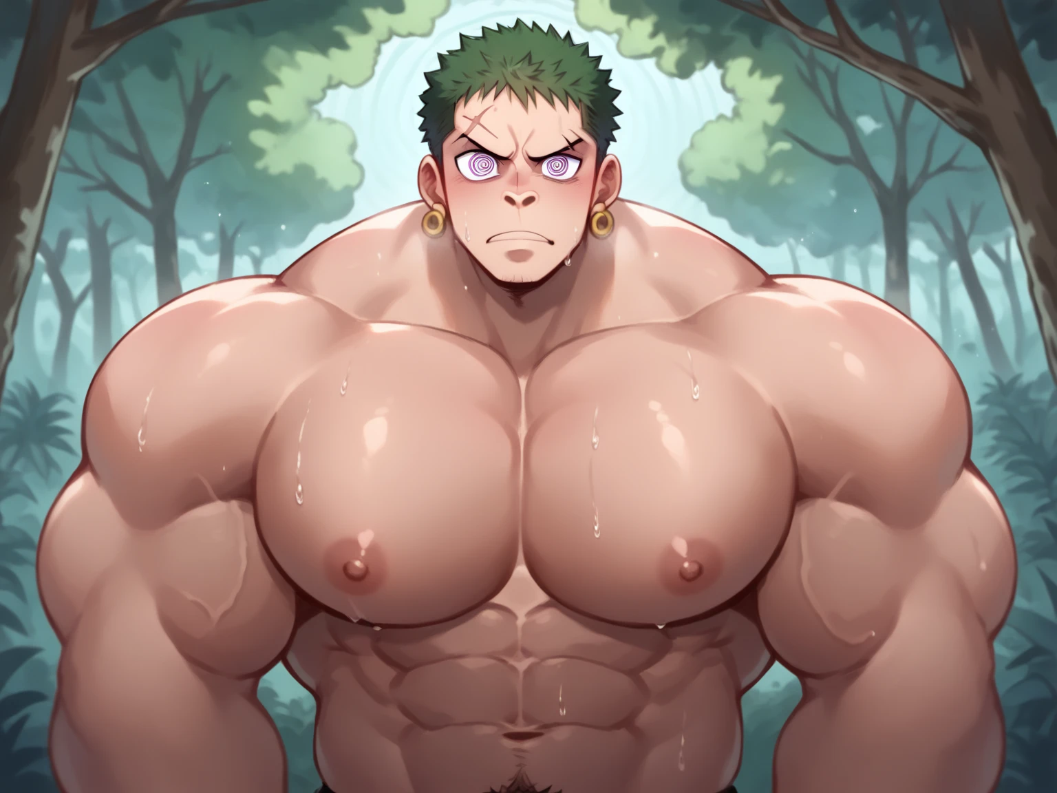 a man getting absorbed into a giant orc's belly, anime, merging men, merge, absorbtion, merging bodies, multiple men,