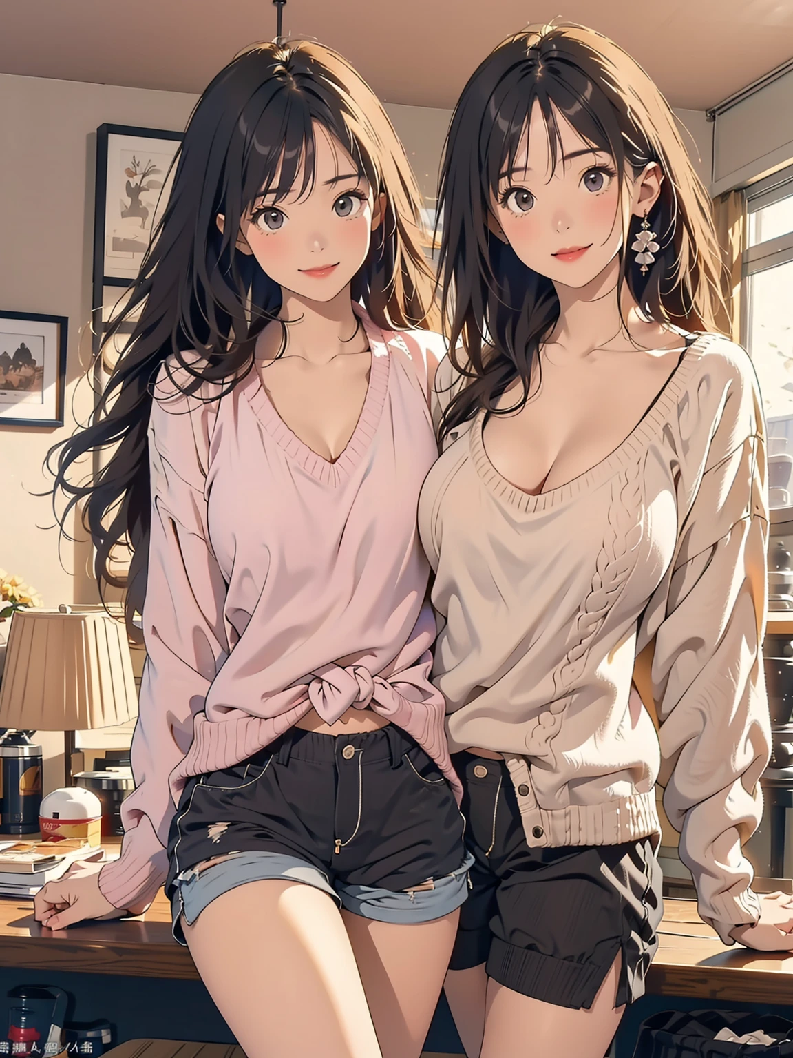 (Tabletop, highest quality, High resolution, , Perfect Pixel, 4k,), 1 girl, single, alone, Beautiful woman、I could see the whole body、 ((Wavy mid-hair, bangs, brown hair)), ((Brown eyes, Beautiful eyelashes, Realistic eyes)), ((Detailed face, blush:1.2)), ((Smooth texture:0.75, Realistic texture:0.65, Realistic:1.1, Anime CG Style)), Medium breast, Dynamic Angle, Perfect body, ((, beige off shoulder sweater、Tight denim skirt、Black Stockings、Cute Necklace、Earrings、)), Upper grades、A shy smile、Luxury hotel room、Lie on your back in bed、((Leg spread))、Angle from below、Cross your arms to highlight your cleavage、、((Pink lace panties are visible))、