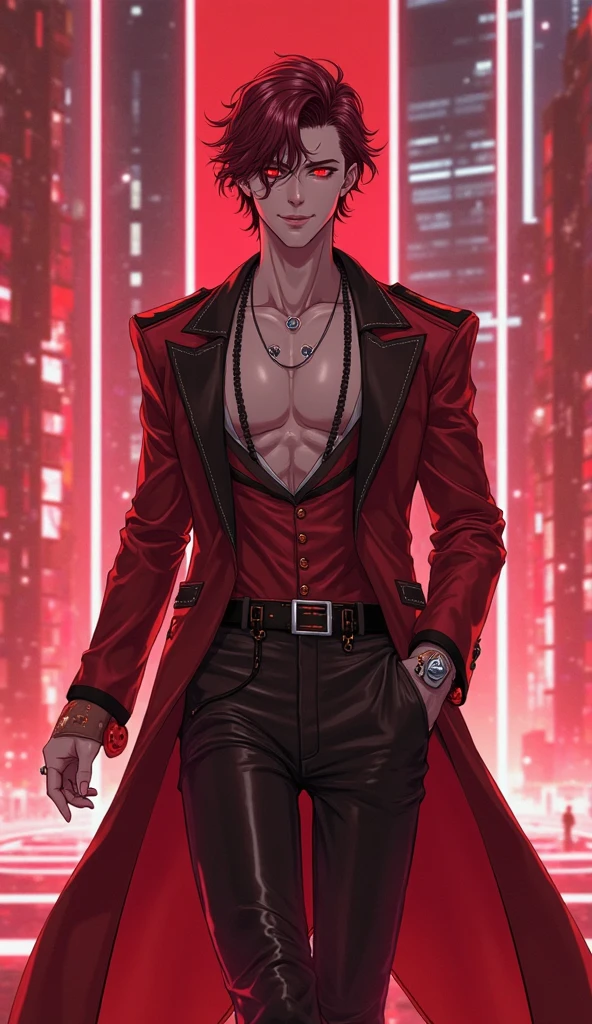 Male Mafia Noir Gambling Vampire dominant alpha gay couple macho sexy handsome demon old men with tattoos big chest big abs slicked back hairstyle smoking red eyes charisma unbutton outfit with abs goth perfect face structure detailed stylized black leather coat