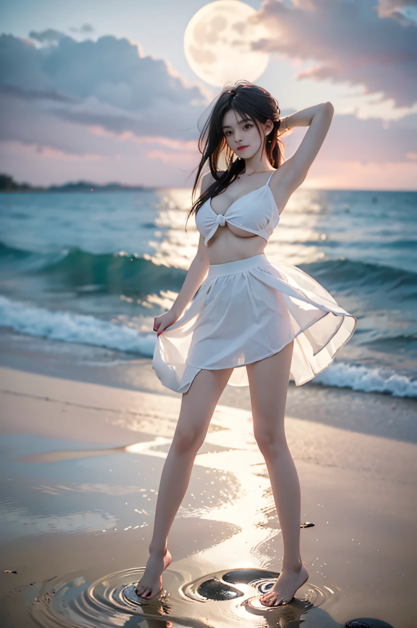 Beautiful Korean waifu, early 30s, brunette hair, white bikini top, white pleated skirt, running on beach