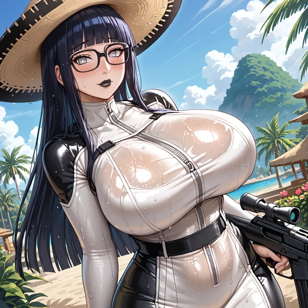 Anime milf,one piece art style,black hair,massive breasts,massive ass,wide hips,wears black transparent bra ,legs exsposed