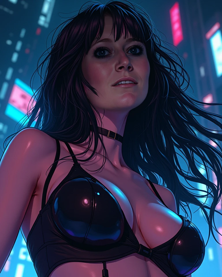 Alison Tyler, Cuerpo perfecto, ciberpunk, Musicians, mujer con corte bob de pelo rojo, lente gran angular, expresivo, buscar, laser hologram, Chaqueta de cuero blanca, Parte superior del edificio, noche de la ciudad cyberpunk, busto mediano, pose sexy