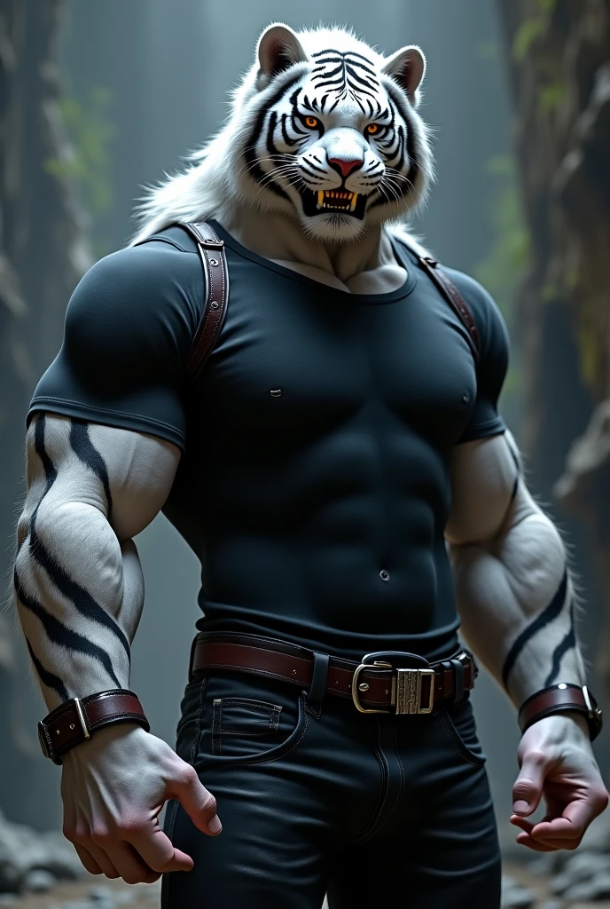 a muscular male furry tiger man, skinny, athletic, wearing leather fingerless gauntlets, long braided dreadlocks, scars and tattoos, tattered jeans, hyper detailed, 8k, photorealistic, dramatic lighting, cinematic composition, dark moody atmosphere, warm color palette has white fur on chest and belly, is fuzzy, martial artist, has nunchaku