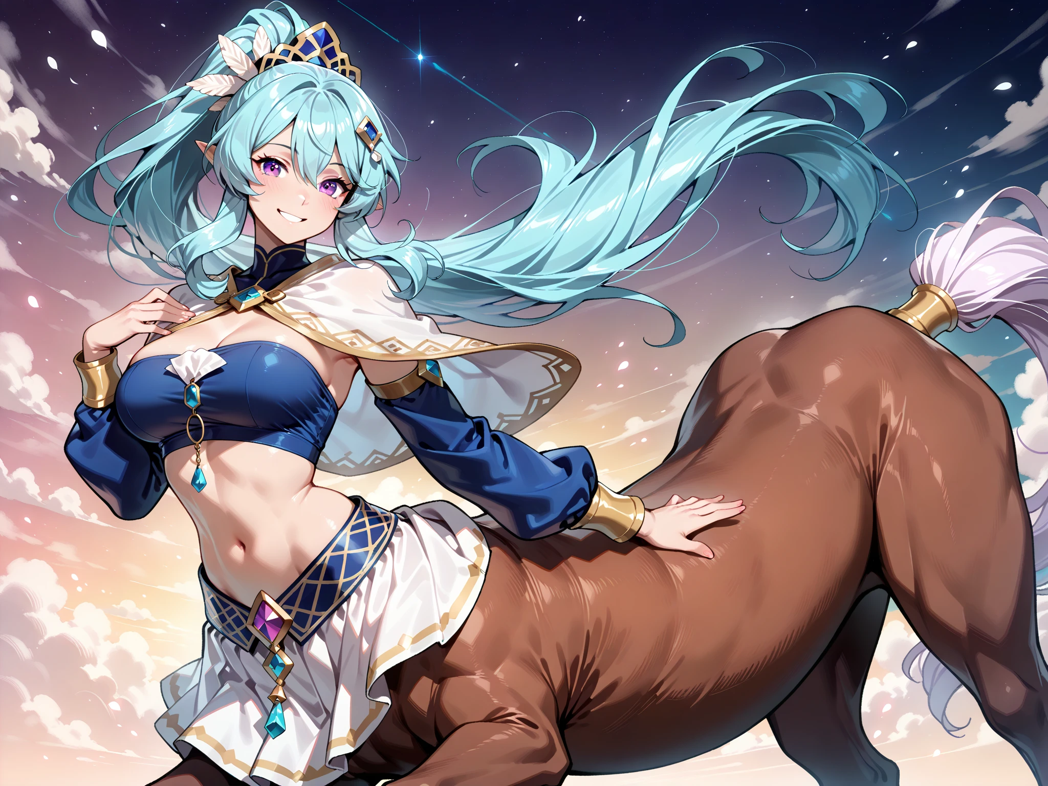 In a very grand scene, extra-large wide-angle, (female centaur), tall, (ultimate beauty), (muscles slender and firm body:1.1), beautiful lines, sunny smile, wears (special tight-fitting equipment:1.2), (strong sense of technology:1.1), (multifunctional style heels:1.2), (delicate practical protective gear on hands:1.1), (cute feet), (ornate wrists), (bare neck and shoulders), (detection equipment around body:1.2), (flashes various cue lights and neon-like information screens:1.1), add realism, adventure, sky, (storms and cloud), (stars and auroras), spaceship docked, (fantastic scene), multiple color palettes, realism with detailing, (cultural trinkets), (intricate hairstyles:1.1), (detailed face and eyes:1.2), (perfect anatomy), (round breasts), (bubble butt), (wide hips:1.1), (slim waist:1.1), (thick thighs:1.1), (detailed background), (perfect nails:1.1), (detailed hand and finger:1.2), (medium breasts:1.2), (busty), (deep cleavage:1.2), (labia outline:1.3), (hard teat:1.3).