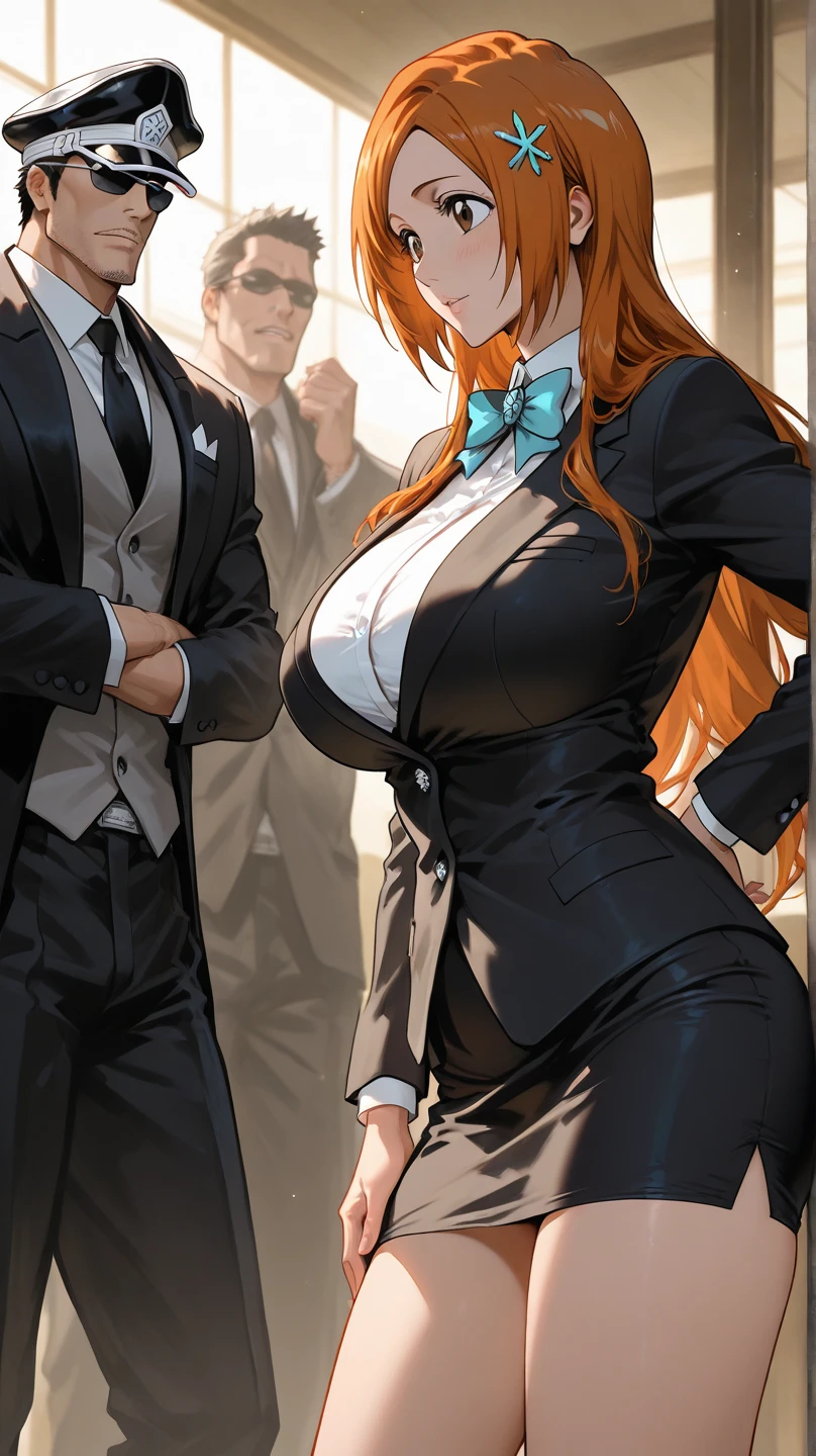 (masterpiece), (best quality), (high res) (solo), (perfect anatomy) (perfect face), (orange hair), (long hair), pale skin, (1boy1girl), massive chest, big breast, wide hips, thick thighs, narrow waist (skin tight office suit), round eyeglasses, freckles on face, freckles on shoulders, freckles on chest, blue glowing eyes, brushing, (long eyebrows), in a club, drunk, teasing, in a wheelchair
