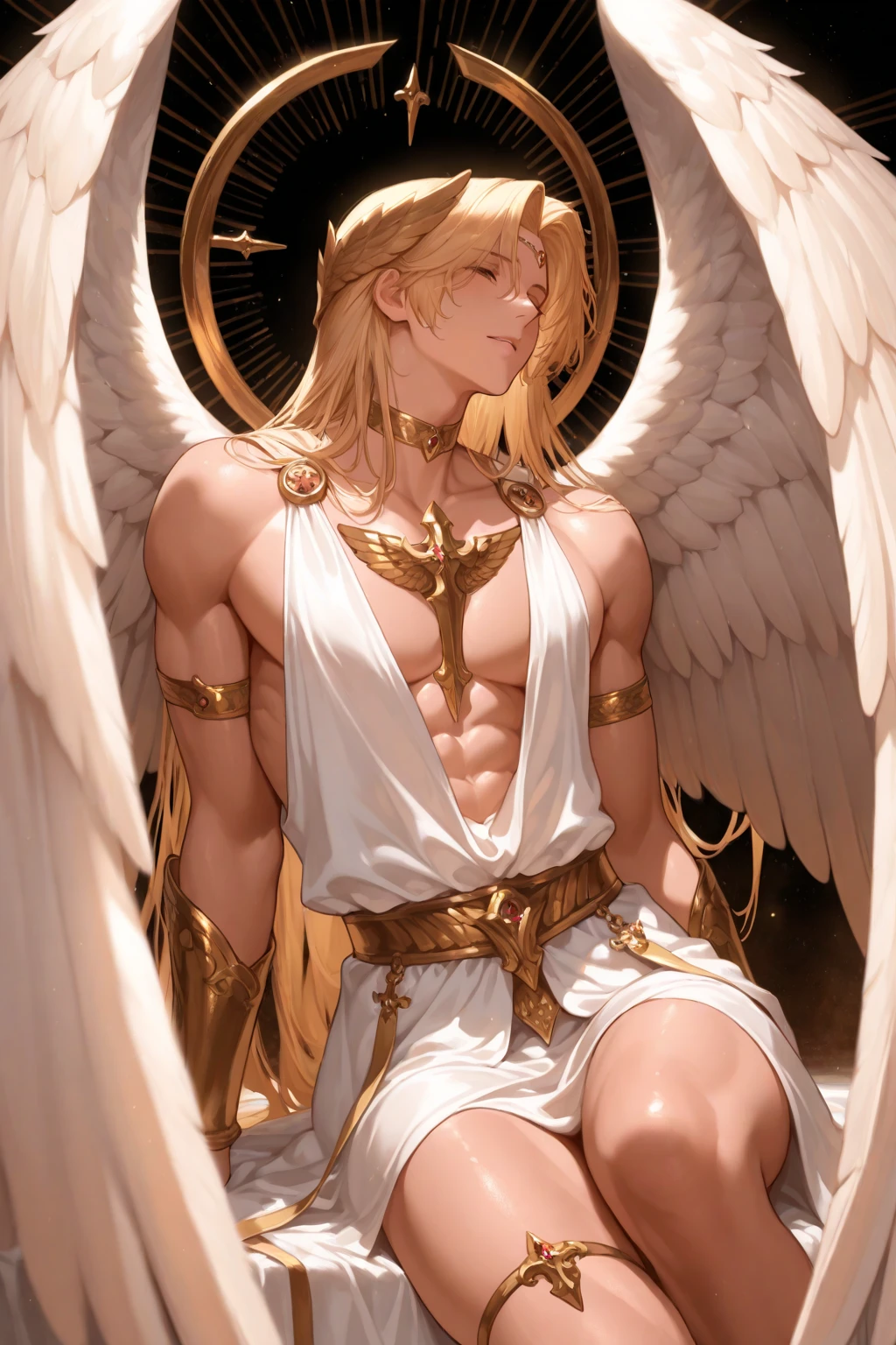 arafed male angel with a sword and a cape standing in front of a building, fit male demon with white horns, full - body majestic angel, beautiful male god of death, attractive male deity, skinny male fantasy alchemist, winged human, winged boy, archangel, male with halo, by Yang J, greek myth digital painting, epic angel wings, demon male