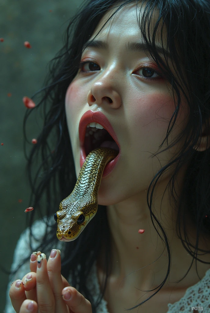 NSFW, ((Crying face:1.7), (Raw foto:1.2), (Photorealsitic:1.4), ((((A huge snake wraps around your neck:1.2)))), (((Dense and beautiful mature woman in her 50s:1.6))), ((Highly detailed teary eyes and face)), ((beautiful detailed teary eyes)), Ridiculous, unbelievable Ridiculous, huge filesize, ultra-detailliert, hight resolution, ighly detailed, top-quality, masterpiece, ighly detailed, nffsw, unification, 8k wallpaper, magnifica, finely detail, masterpiece, top-quality, Highly detailed ticker uniform 8K wallpaper, Light on the Face, 电影灯光, (a closeup:1.6)