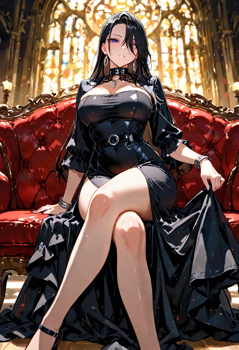 Masterpiece, Needle, 1lady, Beautiful, Black Hair, {Red Eye}, Black Forest, Firelight, Ackenberg Diamonds, Contempt, Regal Clothes, Highlight Your Hair, Gold Fussy Trim, Chain, Black Princess Dress, Sitting Down,
