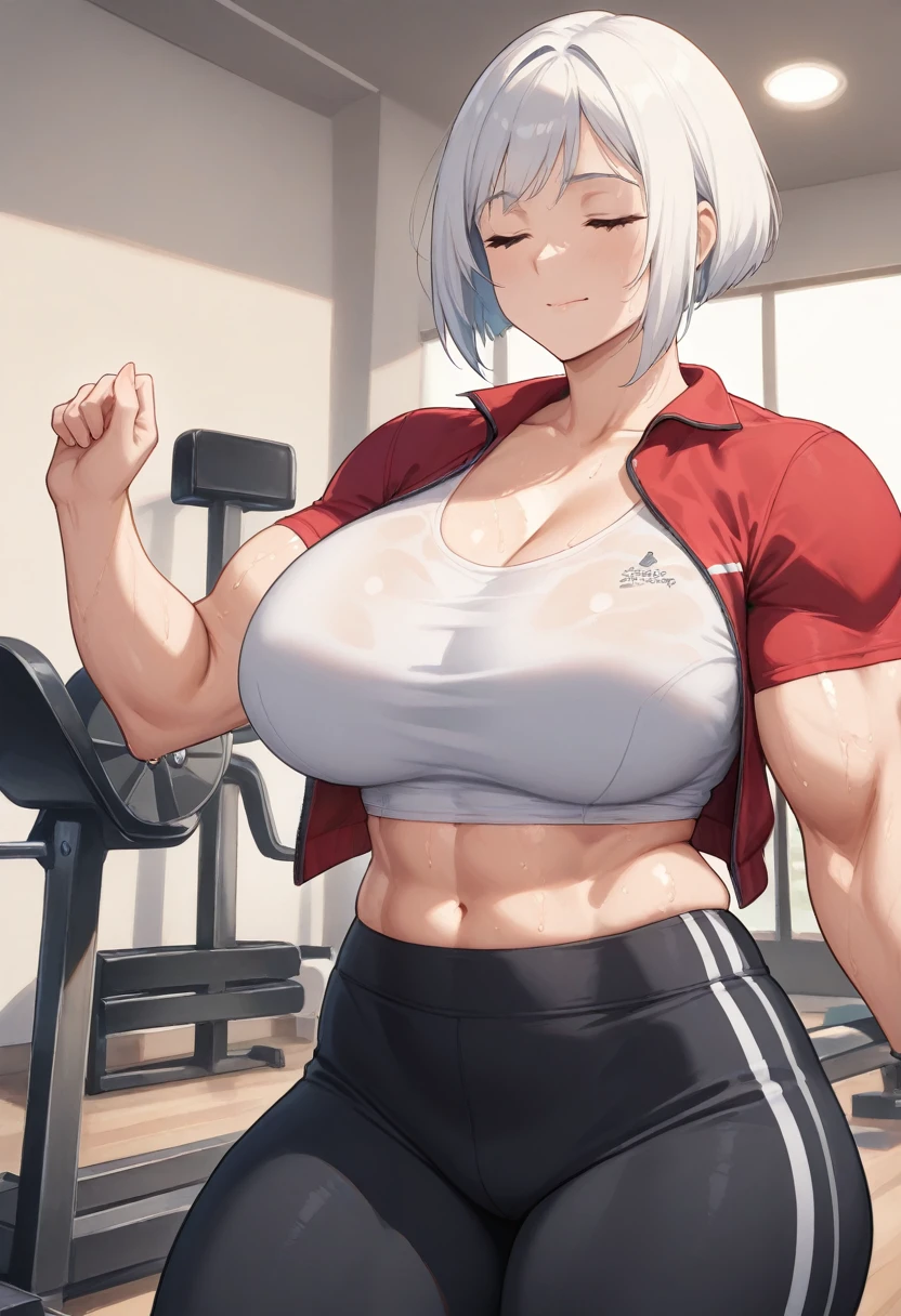 (masterpiece), (best quality), (High quality), BREAK, expressive eyes, BREAK, perfect face, (1girl), (grey cat ears), (medium hair, grey hair), ((pixie cut)), BREAK, (big eyes, perfect eyes, blue eyes, thick eyelashes), thin eyebrow, BREAK, ((smile)), BREAK, (short height), BREAK, slim bulid, BREAK, (medium breasts), (clevage), BREAK, (red cropped tanktop: 1.3), BREAK, ((black shorts: 1.1, tight fit: 1.3, low-waist: 1.4)), BREAK, (sneakers), BREAK, (standing), (view from the fromt, bend over), (face focus), (full body), BREAK, (gym, crowded)