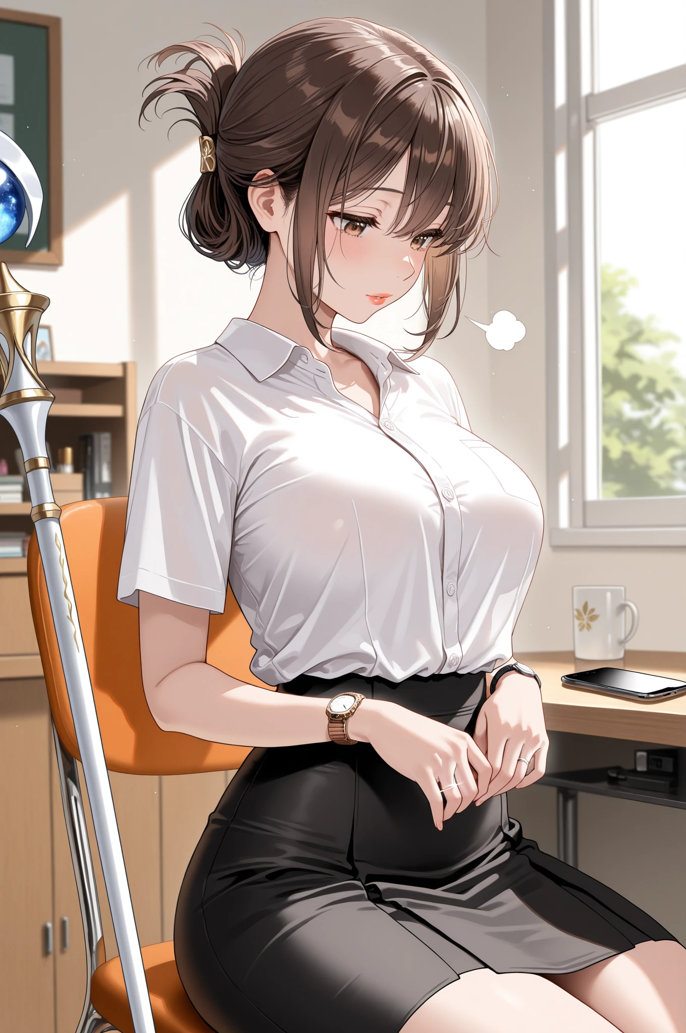 A beautiful girl dressed as a nurse posing for the photo, using a stethoscope and a syringe, anime girl, (quite adorable sexy nurse dress and robe and nurse hat), upskirt, (skirt lift:1.4), white panties, white lace stockings, big rounds breasts, dark brown hair, bangs, french braid, long hair, ponytail, wavy hair, asymmetrical bangs, asymmetrical bangs, shiny hair, nurse cap, hairclip, hair ribbon, aqua eyes, glowing eyes, pupils sparkling, earrings, open mouth, embarrassed, blush, nervous, surprised, glossy lips, worried, high detail, anime, anime style, depth of field, cinematic lighting, dithering, image fill, first-person view, dutch angle, (front view:1.4), from below, (whole body), atmospheric perspective, perspective, Wide-Angle, f/1.8, 85mm, Nikon, 8k, super detail, UHD, retina, masterpiece, accurate, anatomically correct, textured skin, high details, best quality, highres