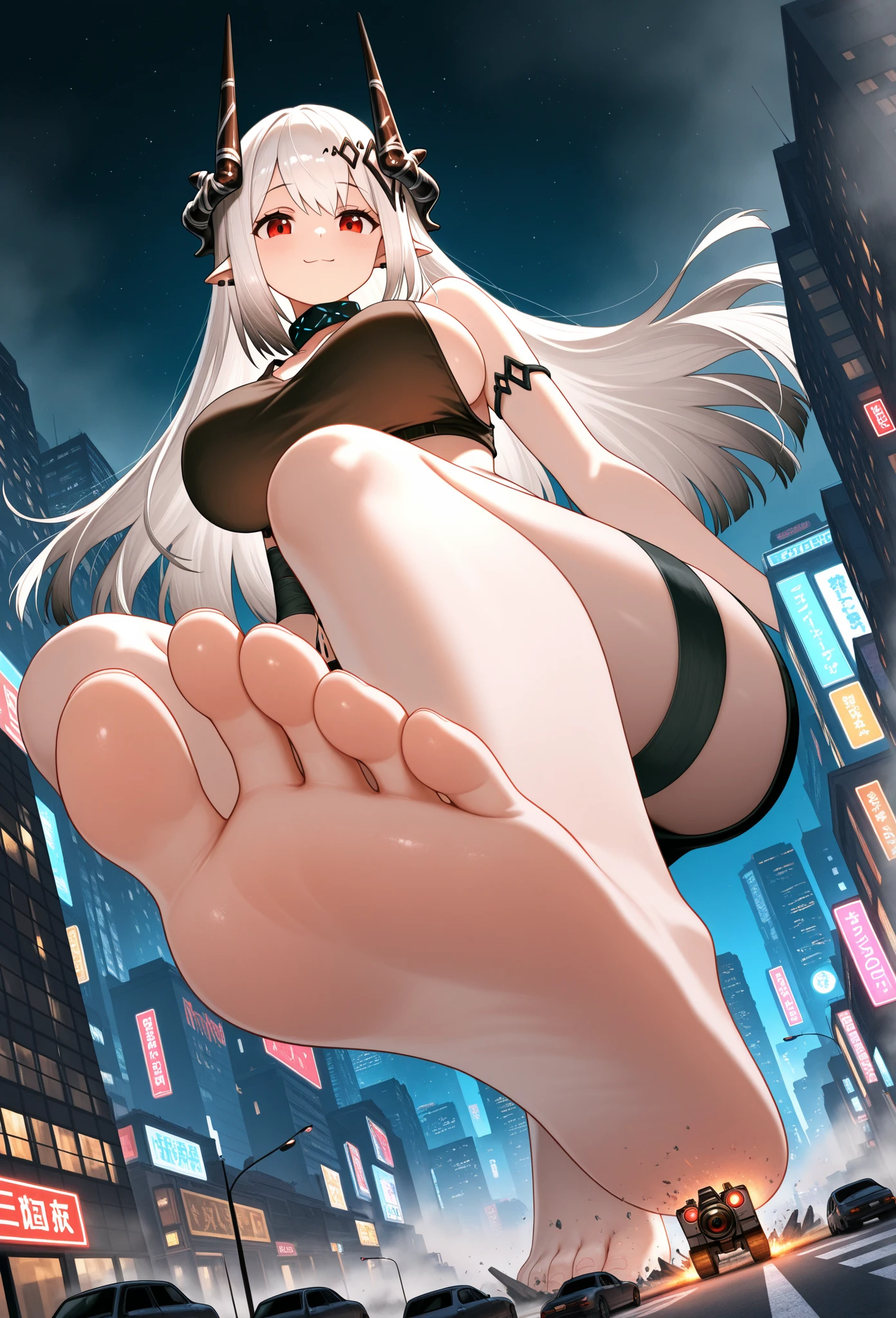 score 9, score 8 up, score 7 up, 1girl, solo, looking at viewer, smile, fur trim, bare shoulders, hair ornament, bangs, off shoulder, closed mouth, sleeveless, hand up, blurry, from below, low angle, ground level, foot focus, good feet, white hair, two side up, blue rose, white dress, long hair, breasts, bow, night, night sky, rooftop, sky, skyscraper, stage, star sky, starry sky