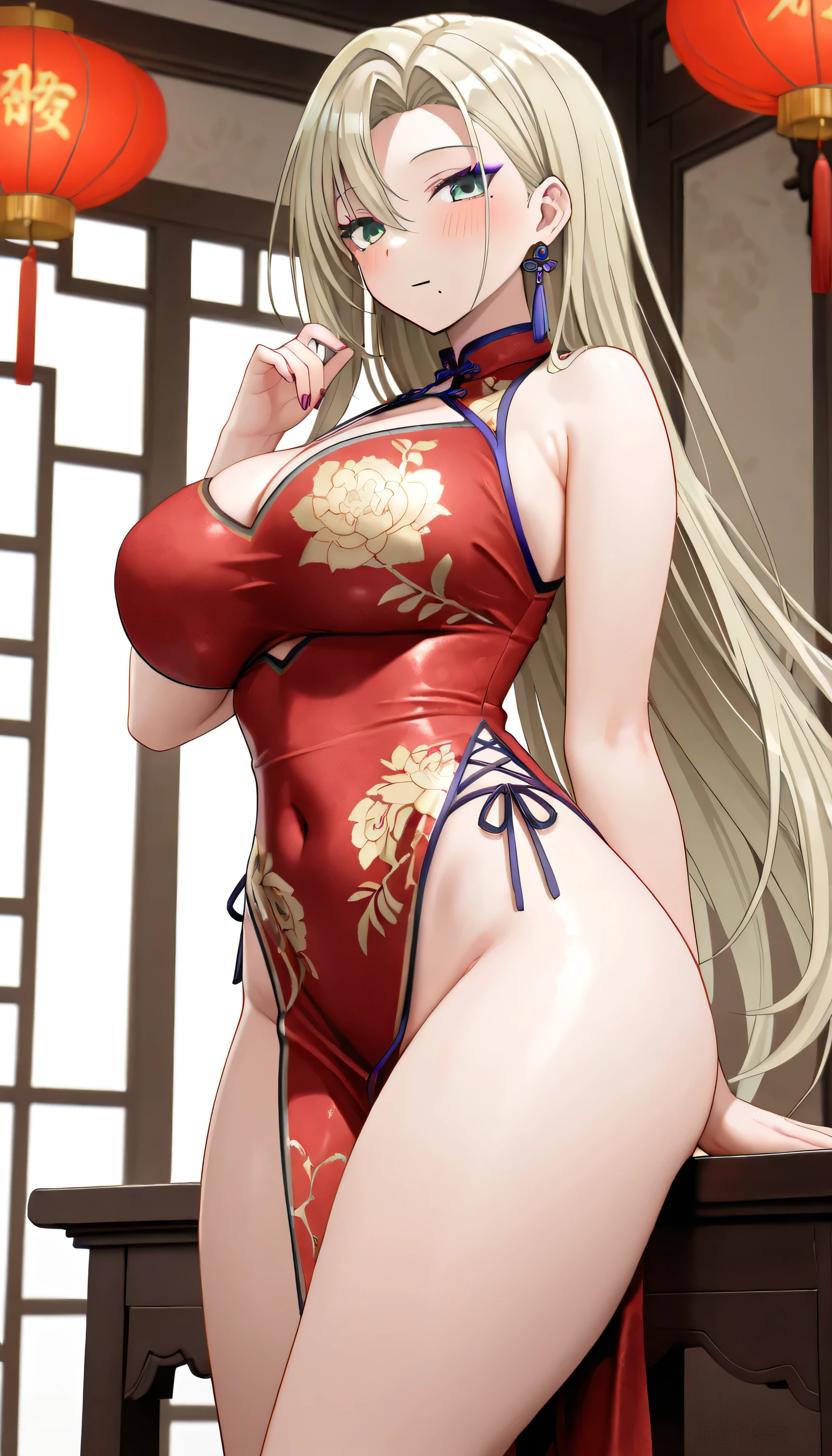(masutepiece:1.4),(the Extremely Detailed CG Unity 8K Wallpapers),(1 girl:1.4),(beautiful hand,beautiful finger,Delicate hands:1.5),(Large breasts:1.3),(Style image of women in cheongsam:1.5),Seductive smile,(Solo:1.5),(Model:1.2),(from below:1.2),(hands behind head:1.3),Seductive Anime Girl, small curvy loli, beautiful alluring anime teen, Beautiful anime girl, charming anime girls, Smooth Anime CG Art,beautiful alluring anime woman, Anime Best Girl,(asuna yuuki),pretty anime girl,(Bare shoulders, qipao dress, chinese clothes, Short dress, cleavage cutout, sideboob barbosa, thighs thighs thighs thighs:1.3),(Chinese Double Boom Bun:1.1),Black clothes, Chinese-style architecture behind, Lens Flare,Beautifully painted, (Outdoors),