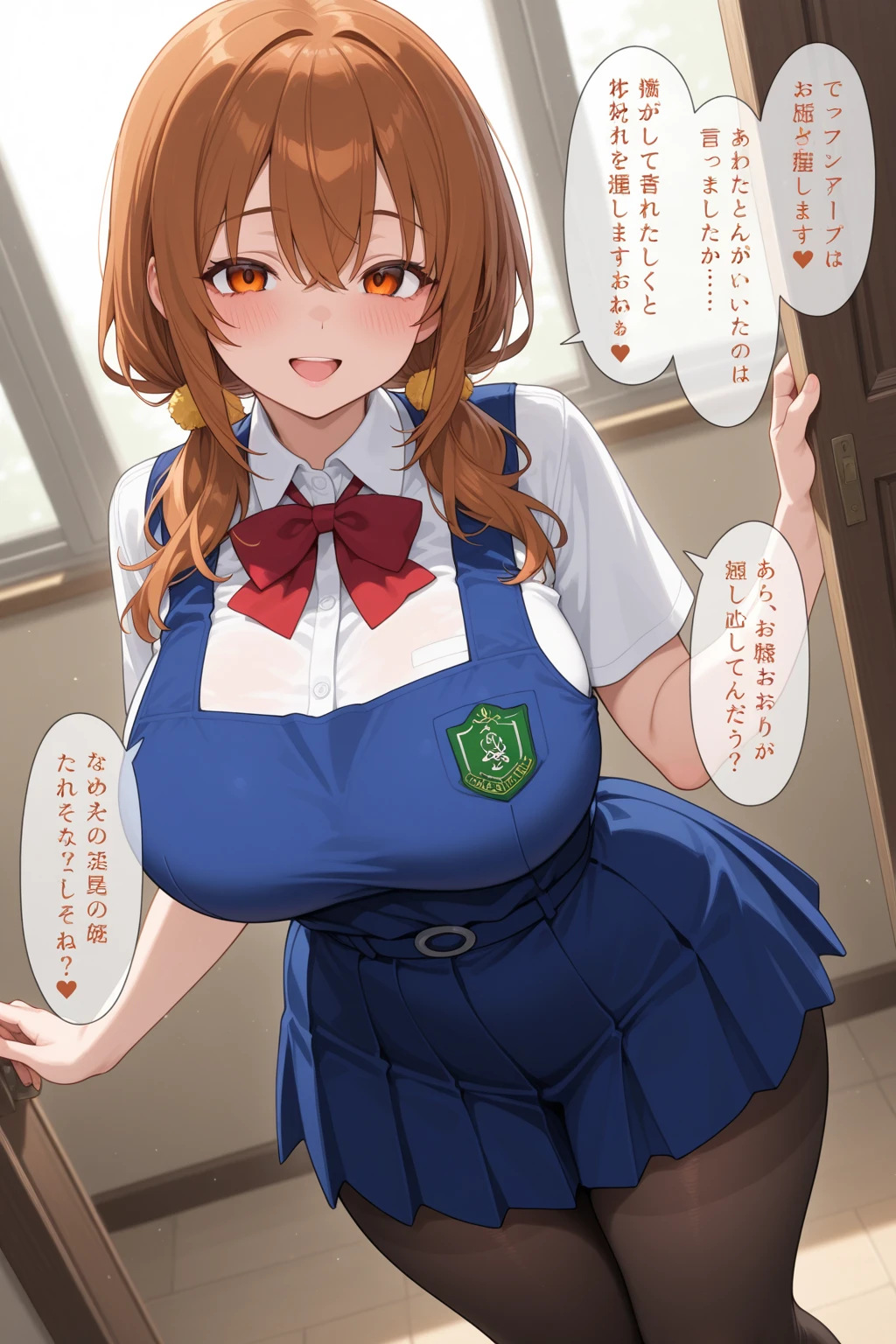1 cute girl, (short stature:2.0, huge breasts:1.3, disproportionate breasts:1.3, thick legs:1.2, ????????????:1.2), (two side up:1.2, long hair:1.6, red hair:1.5), brown eyes, (naked:1.3), (blush, ;d, yuruyuri), full body, from front, at the adventurer's guild, A bulletin board with posted paper