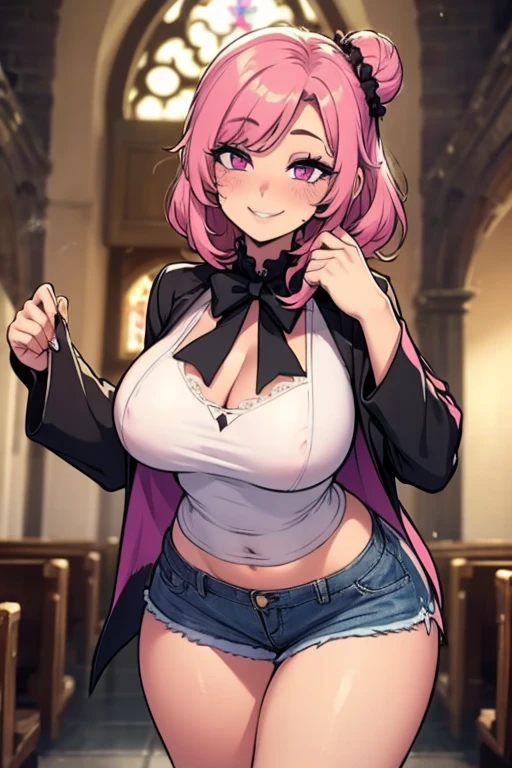 Perfect face, Perfect hands. A pink haired female cowgirl with violet eyes with an hourglass figure in a sheriff's outfit is exploring an old mine with a big smile