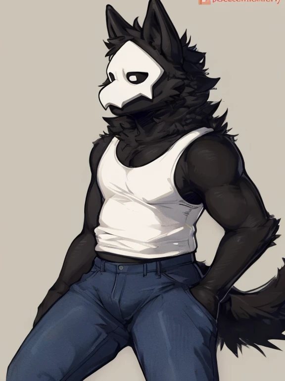 by zackary911, Puro, Puro (Changed), anthropomorphic, lean, slim, muscular, fit body, biceps, adult, tall, mature, anthro, fluffy tail, wolf tail, wolf ears, full body portrait, fully body in frame, black body, lean, anime, sfw, (gray sweatpants, white tanktop, dogtags), (happy expression, happy eyes)