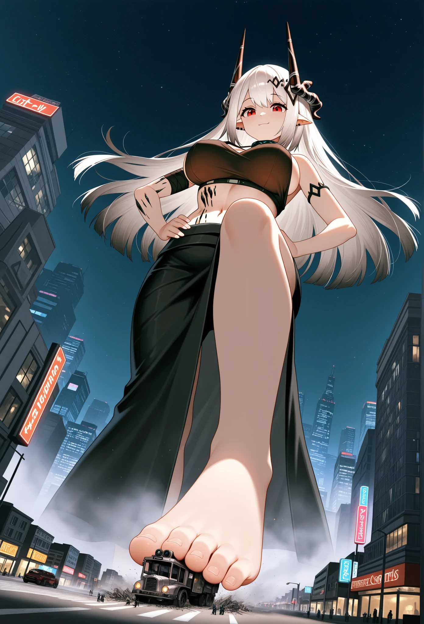 Young beautiful woman, silver hair, long silver hair, silver color eyes, beautiful smile, thin stomach with large breast, clear skin, back ground of a city at night, thick thighs and wide hips, naked, show full body, head to toes, nsfw, beautiful face, sexy high heels.