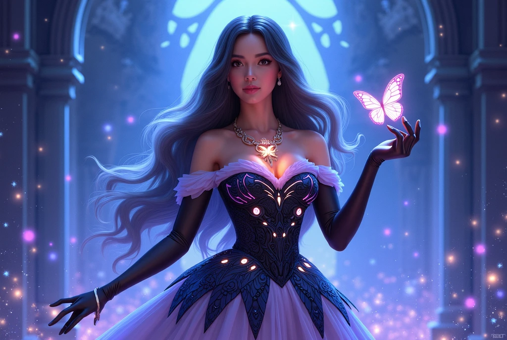 (​masterpiece, best quality:1.5), highest quality, High resolution, super detailed, Realists, Upper body photo of a dark-skinned young magical girl, detailed and beautiful eyes, beautiful detailed lips, very detailed eyes and face, longeyelashes, shiny blue satin dress, Holding a magic wand in your hand, Cast a transformation spell, With her stick she turns spiders into butterflies, Glowing wands available,Beautiful and colorful makeup, elegant and noble々The jewelry bag, Gardens as background, soft daylight, bright colors, fine brushstrokes, Portrait style, Silk dress fabric, beautiful color palette, glowing skin, First-class rendering, that captures every detail, enchanting atmosphere, subtle shadows and lights, (perfect anatomy:1.2), (The stunning Magical Girl turns spiders into butterflies. on the table(a transformation with the magic wand:1.4), (magnificent panorama view:1.2)