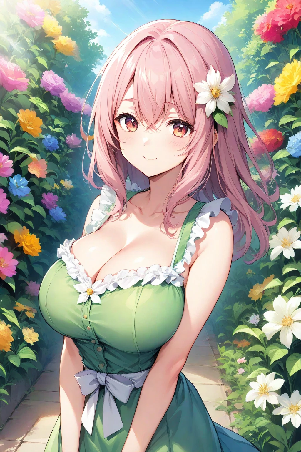 (Masterpiece, BestQuality:1.3), (ultra detailed:1.2), (hyperrealistic:1.3), (RAW photo:1.2), High detail RAW color photo, professional photograph, (Photorealistic:1.4), (realistic:1.4), professional lighting, perfect anatomy, (Big Breasts:1.2), (blush, detailed face), (cheerful Smile:1.5), (Pink Hair:1.5), Trending Hair&Trending Hairカラーをランダムに, earrings, necklace, bracelet, sexly, erotic sexly, Random sexy gravure poses, (Beautiful woman in an emerald green sundress、A calm expression in a flower field、Wooden Necklace、Pose picking flowers。: 1.3)