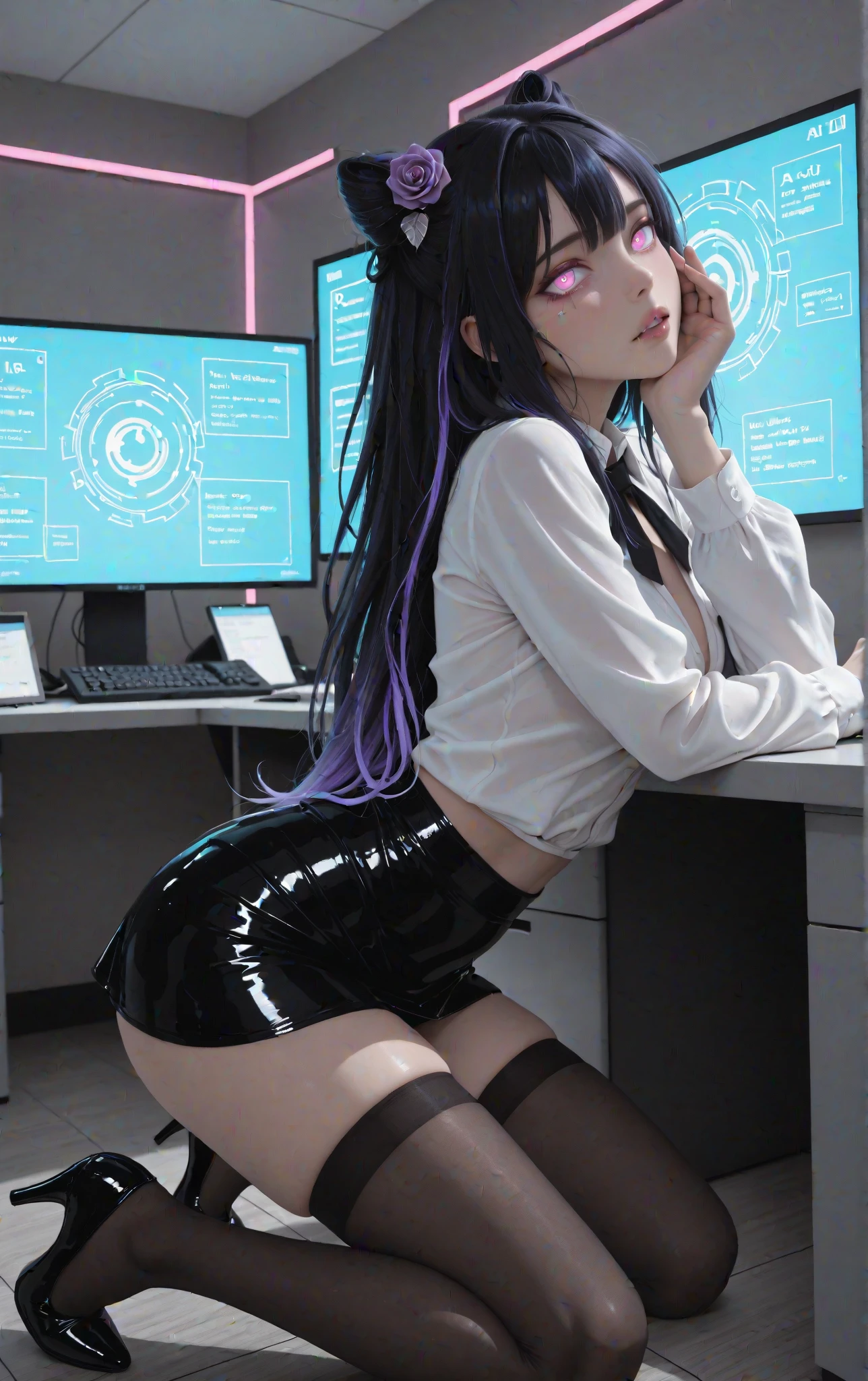 Young emo secretary, in sexy clothes, Shows ass, Erotic lingerie