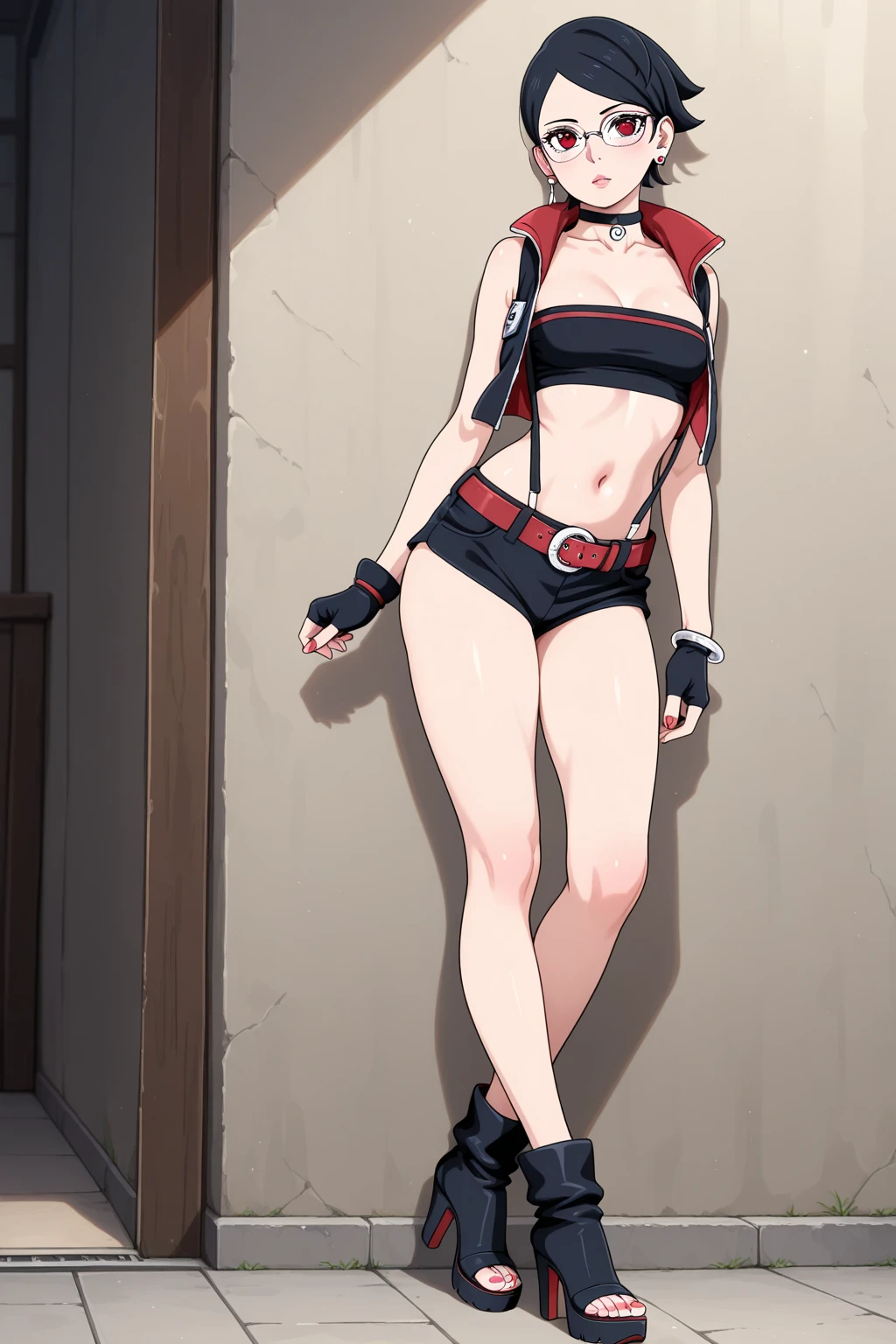 (8k, best quality, masterpiece:1.2), (realistic, photo-realistic:1.37), (full body), standing, legs apart, (wide stance) standing contrapposto, ultra-detailed, 1 girl,cute, solo, (tifa lockhart), (large breasts:1.5), (beautiful detailed eyes), (smile:1.2), (closed mouth), sharp focus, depth of field, good composition, Final Fantasy VII, very long straight hair, hair bang, ((red_eyes)), intricate, bokeh, (Tetsuya Nomura style), perfect breasts, white tank top, black thong, suspenders, gloves, stockings, toned body, athletic, wide hips, thin waist, toned arms, exposed abdomen, view from behind