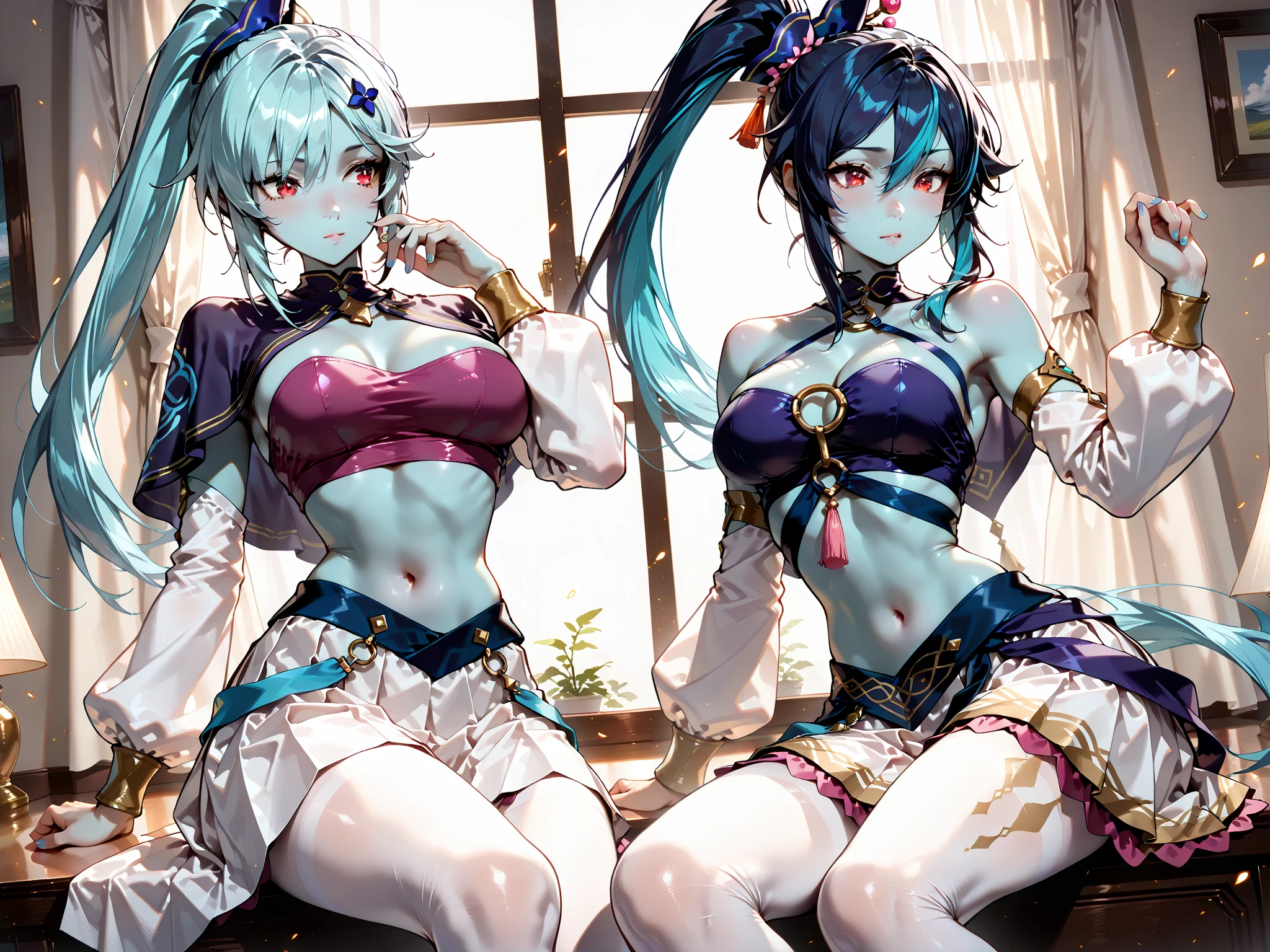 full entire body, (2 Girls 1.4), (1st person using Lumine Genshin Impact | Lora 1200 characters), (The 2nd person uses lora2 Kamisato Ayaka Genshin Impact | Lora Character 1506)Two women were sitting on the floor and one was holding a knife in hand......................................................................., One woman carries another woman......................................................................., Sit with your wrists together......................................................................., Two beautiful girls in love, Two women......................................................................., Lesbian Art, Homosexual girl groups, Handshake, vector art illustration, flat illustration, Flat shading illustration, Lie down with your wrists together......................................................................., two girls, lesbian, Embrace Lesbians,(2:Girls together........................................................................), (NSTDA.:1.2), (10, beste-Qualit, master-piece: 1.4), ultra-high resolution, (lifelike, photorealistic portrait: 1.48), 25 years old, Cute Girl, (See through the bikini beetle), Famous Japanese actors, beautiful clear eyes, G Cup Big Breasts, long ponytail, Head tilt., cowboy shot, from the side, looking at the audience, expressionless, Beautiful lake, Zeiss 150mm F/ 2.8 Hasselblad, Around the lake there are high mountains surrounded by striped mountains.........................................................................., Whole body, foot, Ultra-Wide Angle, The backyard is a beautiful sea............................................................................................................................ ,