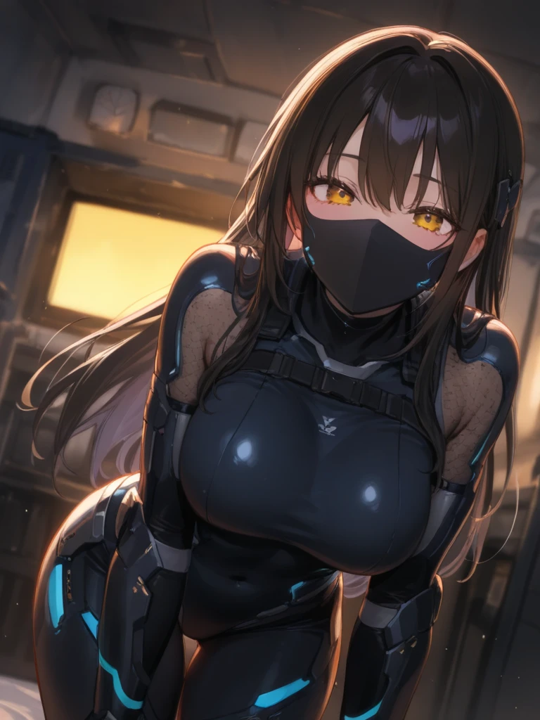 female, solo, long hair, head-mounted display, dark hair, brown hair, curvaceous, large breasts, tiny waist, mssprd, covered eyes, olive full bodysuit, indoors, science fiction, parted lips, thighs, standing, assault rifle, scared, slender, ruined city, night, dark, fire, broad shoulders, contrapposto