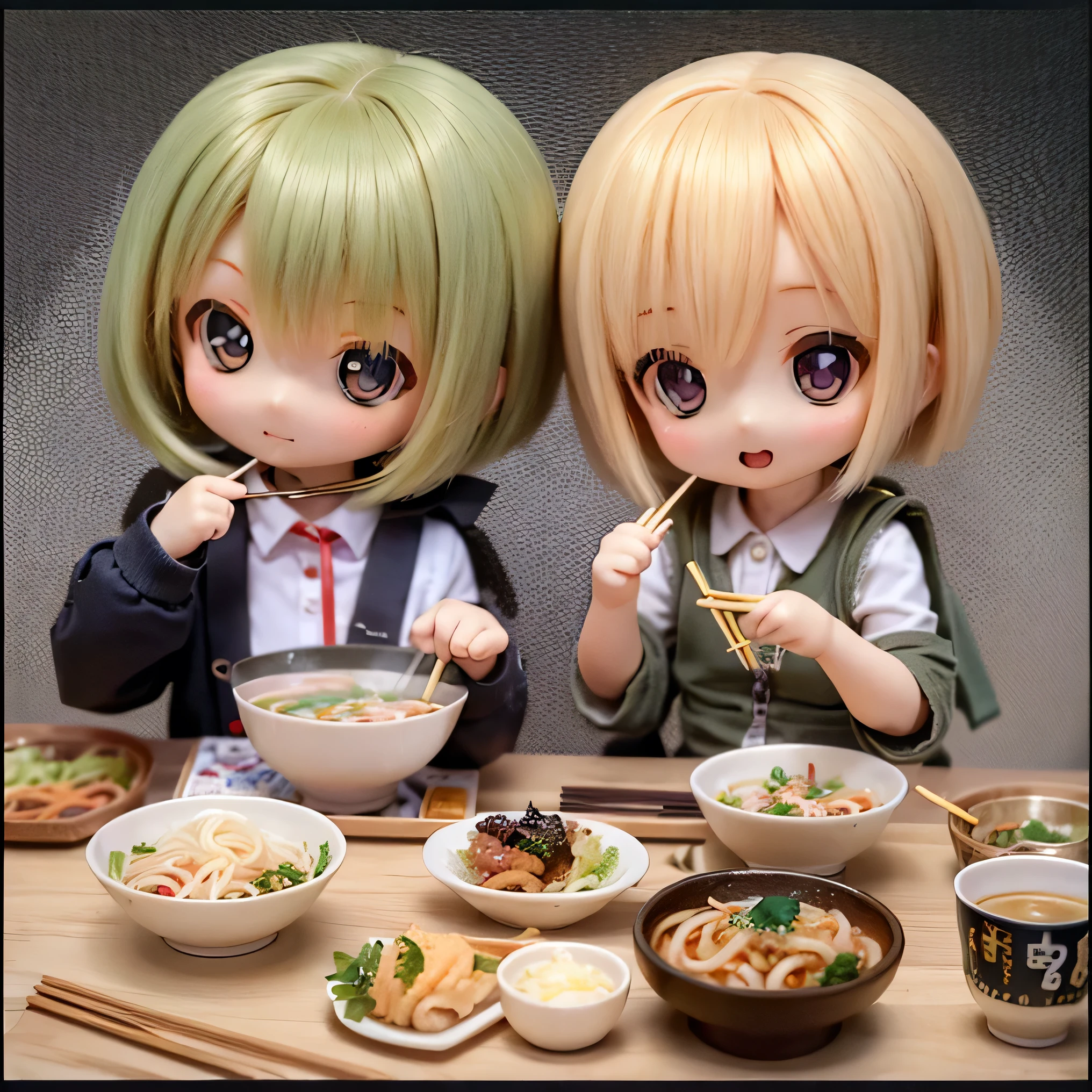 masterpiece、top-quality、Ultra-detail、(Chibi Chara's Daughter:1.2)、solo、//((Gray thin noodles:1.2)These go into Japanese-style vessels))、Holding this vessel、Holding chopsticks in hand、sitting in the chair