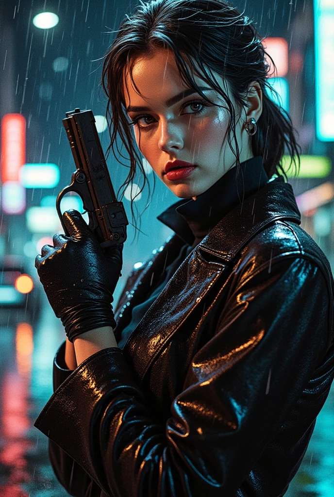 (a female secret agent at a gunfight with enemy spies) tends the barrel of her gun, keeping her enemies at bay, her intense and focused eyes scanning her surroundings. The dangerous situation calls for her to be cautious yet swift. The atmosphere of the scene is reminiscent of a covert operation in a dimly lit alley, with shadows dancing around her as she moves. Her attire, a sleek and form-fitting black suit, adds to her air of mystery and professionalism. The intricate details of her face, such as her detailed eyes and perfectly shaped lips, showcase her beauty and determination. The artwork is a masterpiece of digital illustration, with ultra-detailed textures and realistic lighting effects that bring the scene to life. The color palette is dark and moody, with deep shades of blues and grays, intensifying the sense of suspense and danger. The lighting casts dramatic shadows, emphasizing the secrecy and intrigue of the moment. The prompt delivers this action-packed and thrilling scene, capturing the essence of a gunfight between a female secret agent and enemy spies in a high-stakes operation.