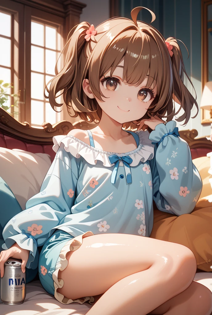 ((Brown hair)),((Braided shorthair)),(With bangs:1.25),(With black eyes),(sparkle in eyes:1.5),(Eye size:1.5),Slight red tide,(Pajama long sleeve cardigan clothes with lots of frills),(Hair band made of fluffy material),((All white, reddish,cream)),(Colorful, Cute pajamas with camouflage pattern),(Cute fluffy socks like a fairy tale),((Colorful and pop world view)),(((body shape is slender))),(Smiling smile),(close up of face),((Sleeveless Nightgown)),((Shorts made of soft and voluminous sweat material)),(room style),((Perspective from below)),(Sitting on the couch),(Panty Line),(nsfw:1.15),