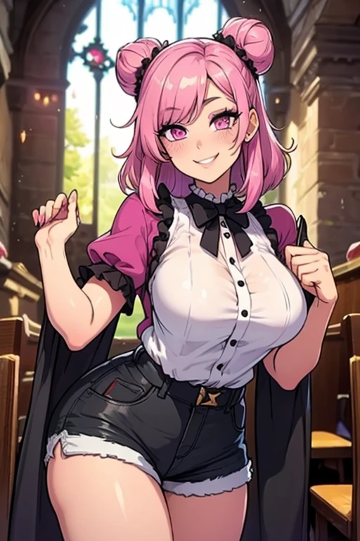 1 plump girl,Tamaki,default,Common,catss_big hall, catss_girl,food,fail,shop,blooming flower,Dark_with pink hair,(Huge cleavage),lifting her skirt,Black panty,Two cat tails