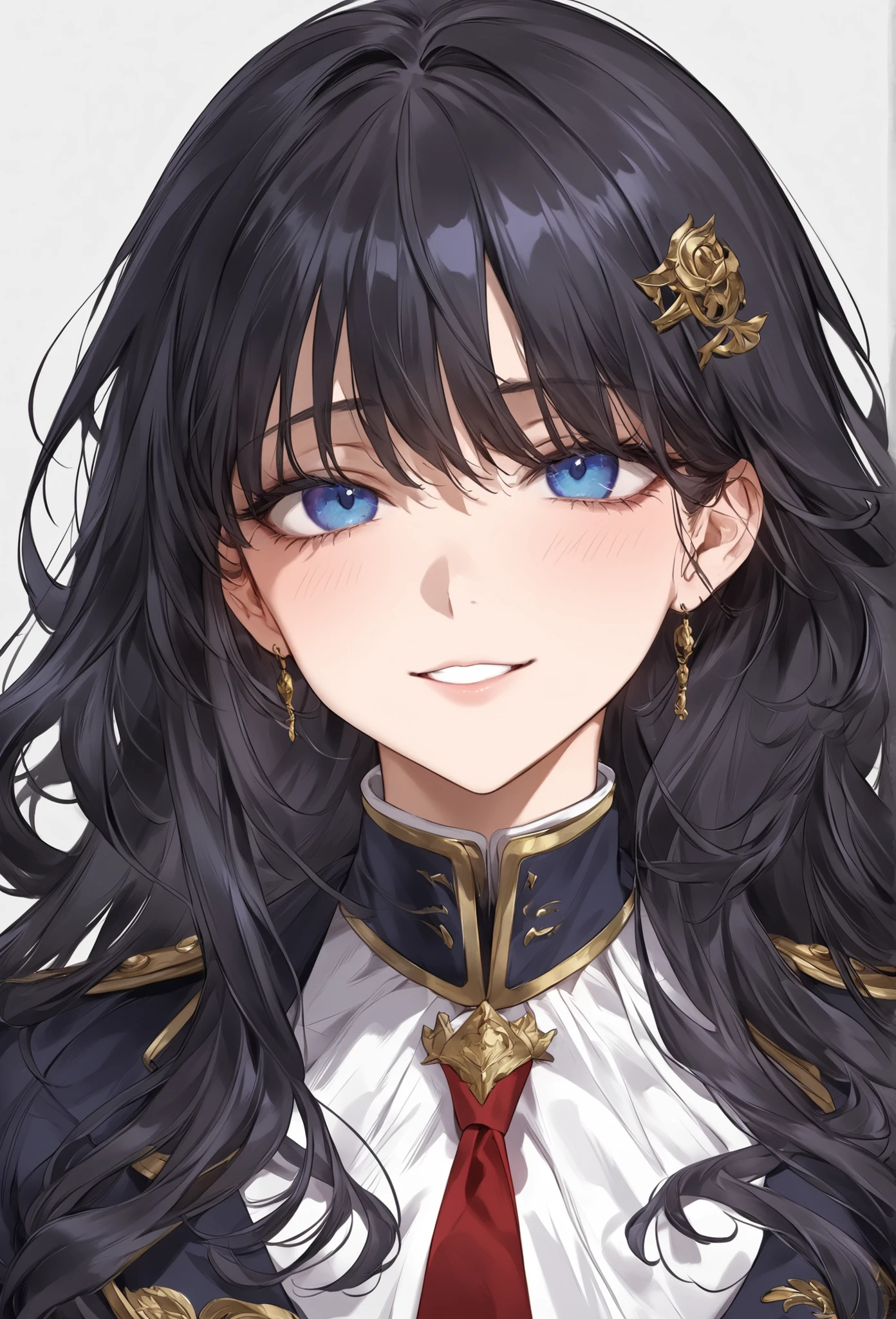 score_9, score_8_up, (masterpiece, top quality, best quality, official art, beautiful and aesthetic:1.2), (8k, best quality, masterpiece:1.2), (((masterpiece))), (((best quality))), (((extremely detailed))), illustration, (masterpiece, top quality, best quality, official art, beautiful and aesthetic:1.2), (8k, best quality, masterpiece:1.2), see-through, source_anime, 1girl, adult, ((dark hair)), dark hair, ((intimidant look)), ((close-up)), blue eyes, white and blue uniform, sexy, dark colors, brillant eyes, ((wavy hair)), perfect hands, ((intimidant look)), good anatomy, ((militar uniform)), emotionless, intimidant, ((beautiful eyes)), close up, ((detailed eyes)), beautiful eyes, ((detailed face)), arrogant smile, detailed face, full body, full body, evil smile