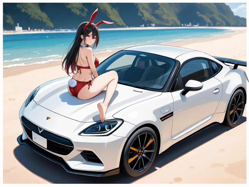 Sofia Vergara (age 25, American flag bikini), looking under the hood of a sleek sports car, glamour shot, low angle