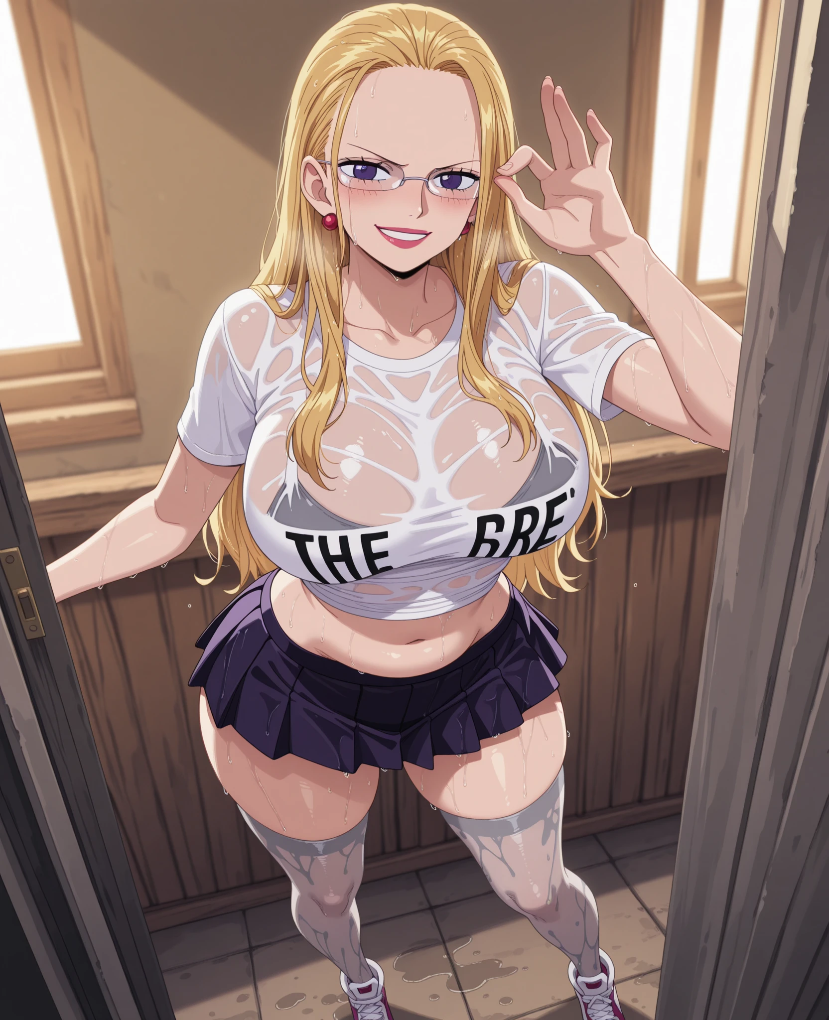 (top-quality、​masterpiece)、1girl in、A stunning、(((confusion)))、a blond、barechested、A sexy、an lingerie、(((Brown skin tone)))、sun burn、Mole、(((Colossal tits)))、large full breasts、Sheer areol、Pink underwear is visible、Show underwear、neck tie、I can see my chest a little