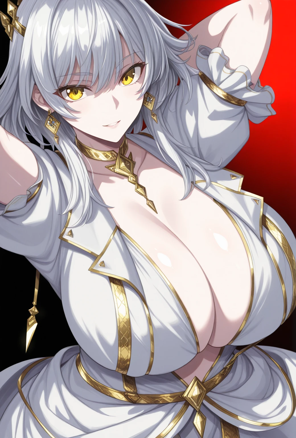 (masutepiece), (Look at the subjectivity), Golden Katana, (Oversized clothes:1.2), Miniskirt, ((Dark clothes)), Choker, (Bandaged hand), (Dark coat with ornate golden embroidery, Golden decoration), (White hair, Golden streaks on the hair), Yellow eyes, Thigh strap, (Neocity), (Clouds), Add_detail:1, hair over eyes, Hair over one eye, Colossal tits, Tits,, Hyper Maximum Size_breasts!! types of buberon,