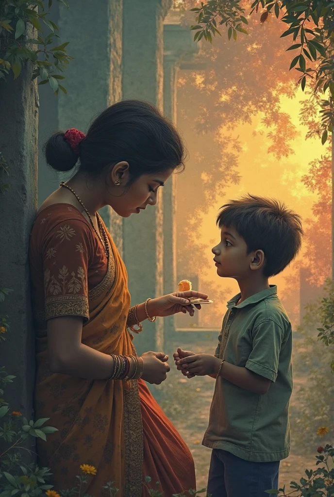 The young man at home, bowing down to touch his mother’s feet, seeking her blessings, with the mother smiling lovingly."