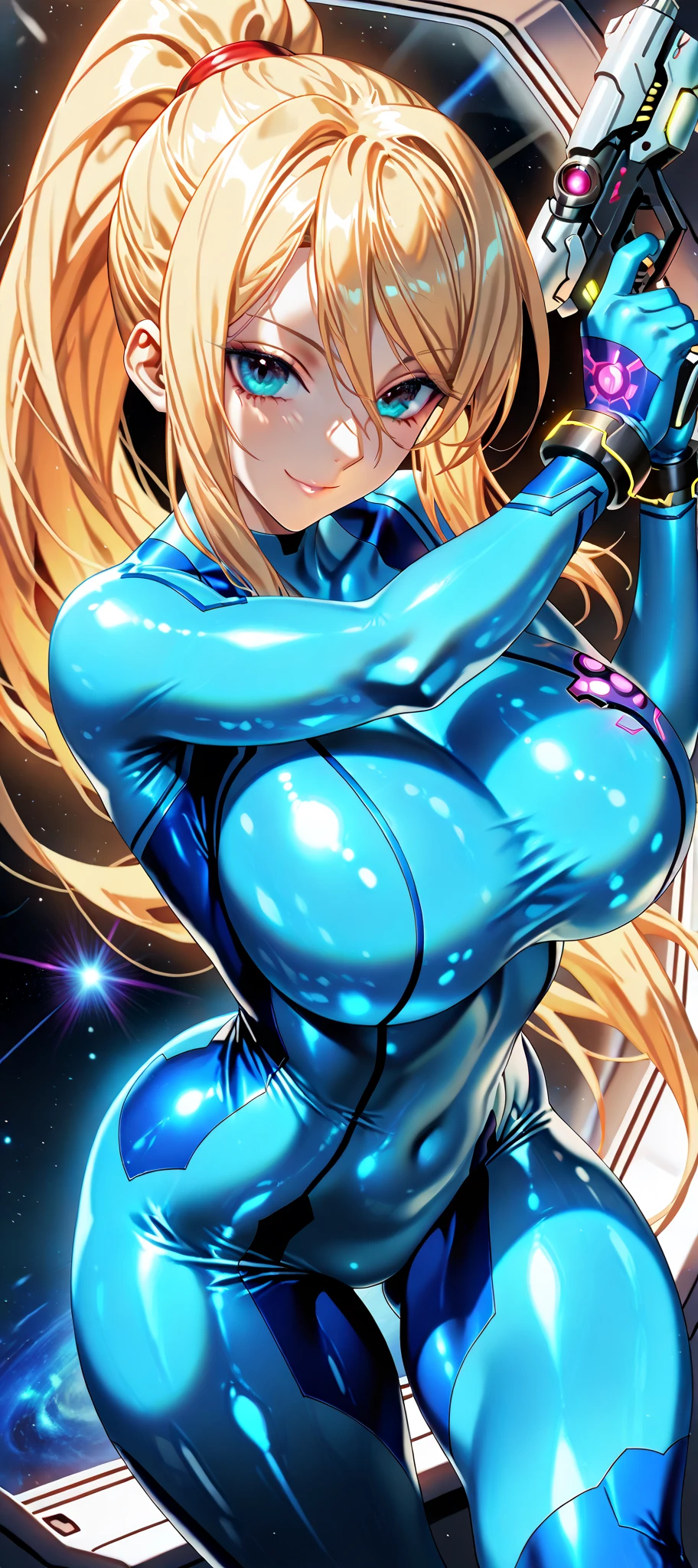 squat, Blue比基尼, Blue高腿_swimsuit, Blue_cut out, Blue衣服_cut out, Blue elbow_Gloves, Luxury living room background, Yulisia Farandel, Takeda Hirokitsu style, anime cels style, best quality, high resolution, Looking at the audience, (Huge breasts:1.3), Pretty Face, Cowboy shooting, blush, Pursed lips, Blonde Hair, Blue eyes,