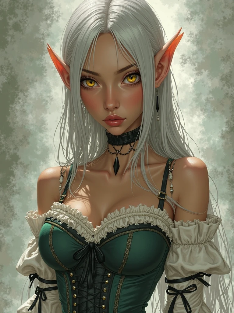 elf woman, silver hair and short hair. Green and white medieval clothing, black shirt, white skirt and long black leggings and long boots. gold earrings. Yandere face and macabre smile. Upper body. Round breasts without a bra. A single woman