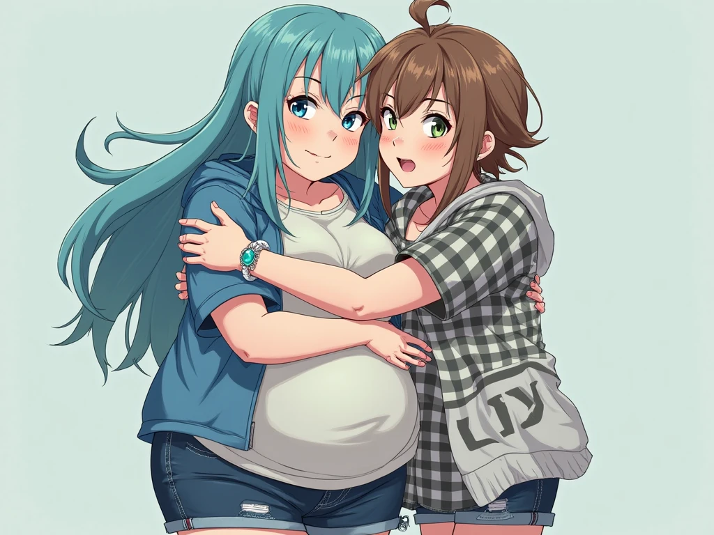 Anime Screenshot, chubby, 2 girls, milf, shy, pudgy face, large round eyes, dark green hair, ponytail, sweater, peace signs, sticking tongue out of mouth, sweating, nervous smile, slightly open mouth, huffing breath, wearing jeans, shirt off, embarrased