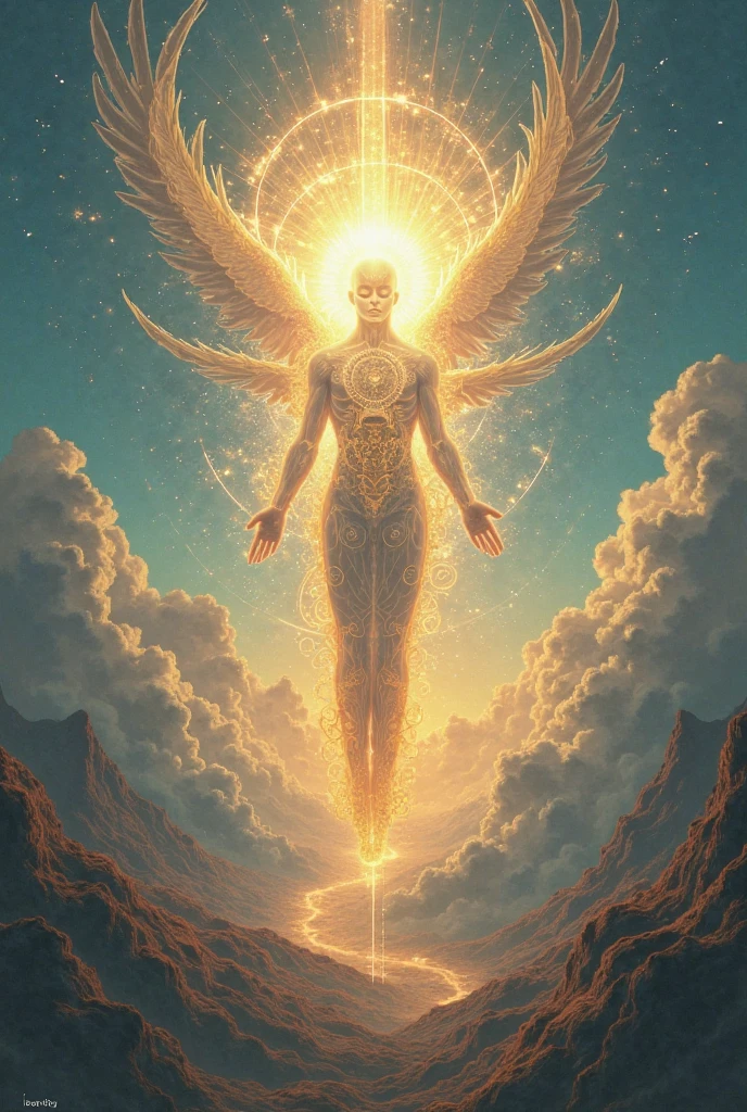 spirit, a non-physical element, similar to a plasmatic energy radiating bright blue orange and white colors like strong light, spirit taking human form, in a divine celestial kingdom sacred God sky, sitting on the throne in the beautiful sky showing a holy city like crystal from above,