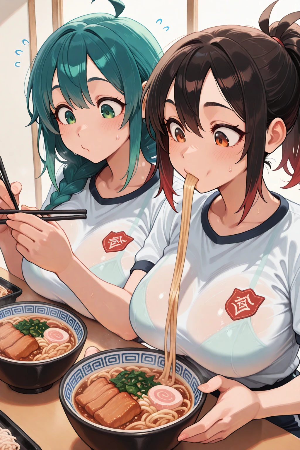 A cute student in underwear and an older teacher eat Chinese food together、Big boobs and small 、A thin cute blue bra、Thin cute blue underwear、Large serving of salt ramen, fried rice and gyoza set meal、Beer in a mug、