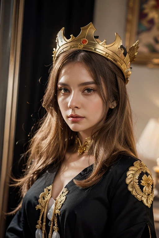 beautiful face, Queen of Medieval Spain, brown hair, bikini