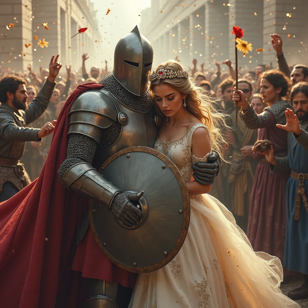 View your viewers, English Woman, Princess,  20-year-old,  Blonde , Hair Bun , fringe,  Beautiful Blue Eyes, A small smile, (Mid-cup bust, Slender Hoist, Middle Hip ),tiara , A scene of a medieval knight standing proudly in armor. The knight is wearing shining metal armor, Clad in armor, including bracers, foot armor, Exquisite Armor Detail, Chainmail and the like, Plate Armor, Decorative motifs, It needs to be prominently displayed,  Brown laser-powered armor, (The knight holds a shield in one hand、A sword in the other、Hall々Standing。:1.5), Exuding courage and bravery. The background must evoke a medieval atmosphere, A castle and battlefield can be seen in the distance, Enhancing the noble and heroic presence of the knight