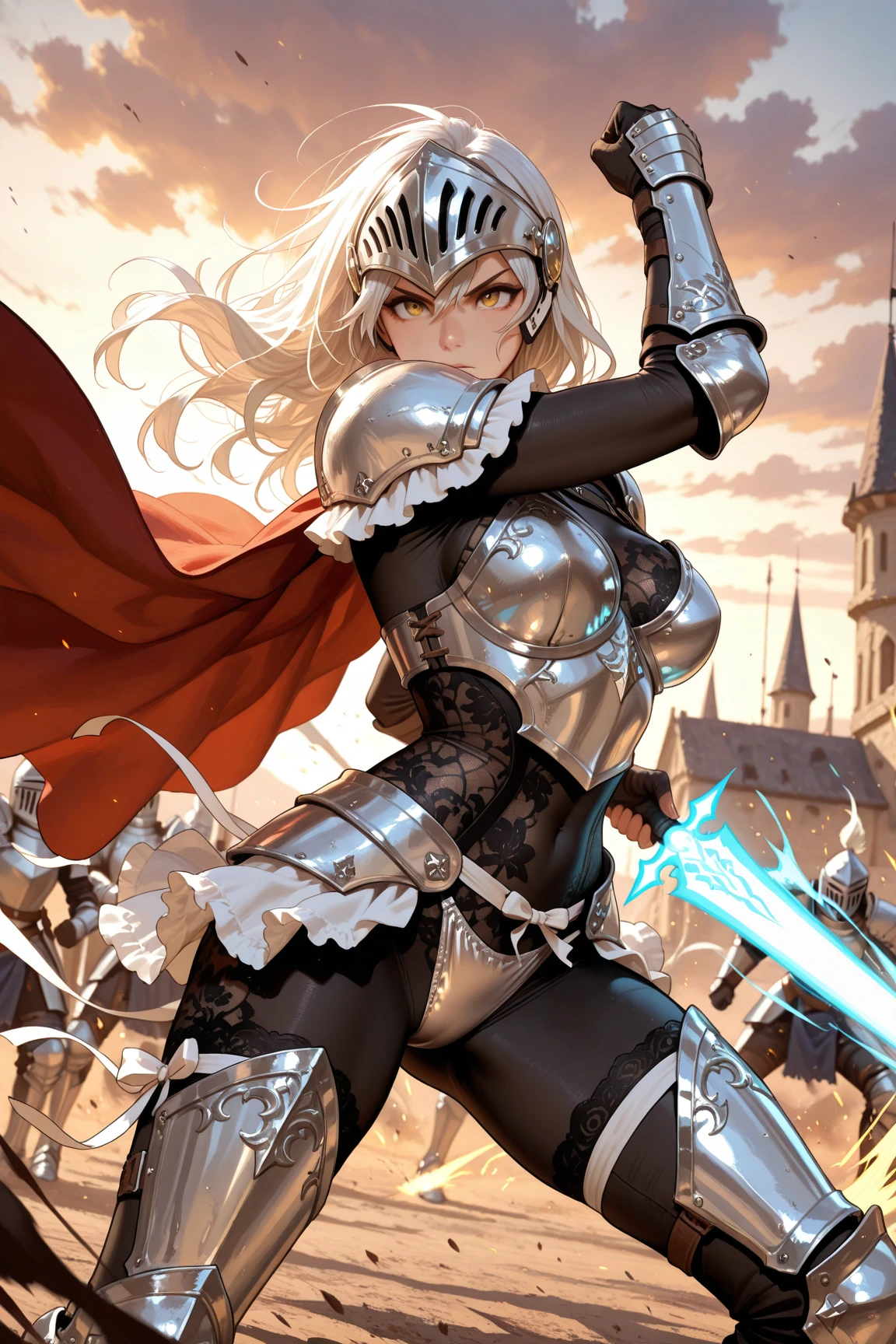 Anime girl in heavy armor, beautiful blonde hair, Beautiful emerald eyes, Long hair, waist-length hair, Black underwear, Medium breasts, ((Five-fingered hands)), fantasy, Outdoors, sports arena, cavalier, Holding, holding shield, (((15 years old))), Solo, Girl, Girl, ((Full armor)), ((Heavy armor))
