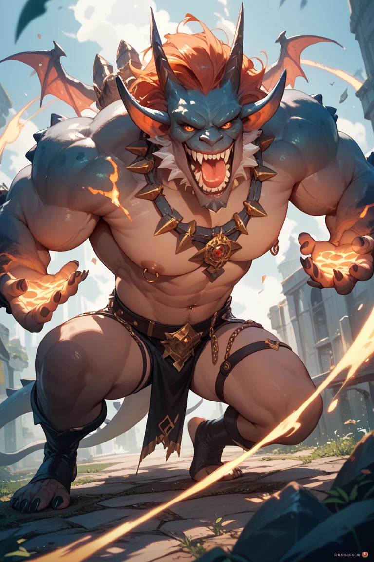 solo, breath (ultra detailed), a beautiful and detailed full size portrait of a male anthro batzz, demon lord dragon batzz, dragon tail, green eyes, glowing eyes, black body, black skin, long hair, red hair, horns, scar, tail, bedroom eyes, detailed eyes, big body, sexy body, (wide body). goddess, kenket, Ross Tran,ruan jia, trending on artstation,foxovh, cenematic lighting, front view, buff, big pecs, muscular anthro, spike arms, strong legs, ((big pecs, nipples, big pecs, brown loincloth, bulge))), day, wet, front view, walking, arms behind head, seductive, ruins, sweating, open mouth,penis, angry