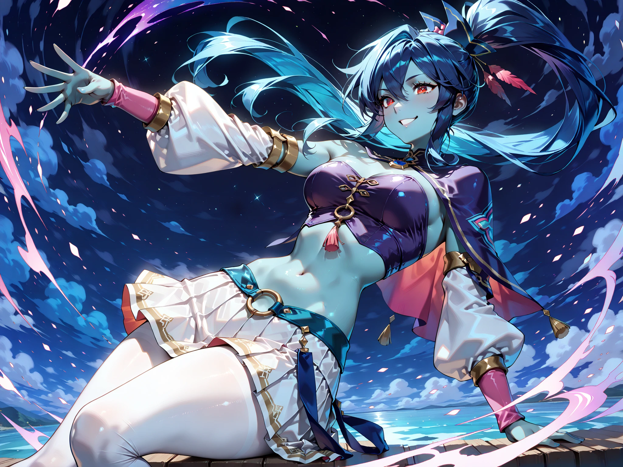 AscensionS2, SecDressing, 1girl, weapon, open mouth, sword, fire, holding, looking at viewer, solo, holding weapon, thighs, holding sword, blue fire, flaming sword, flaming weapon, smile, katana