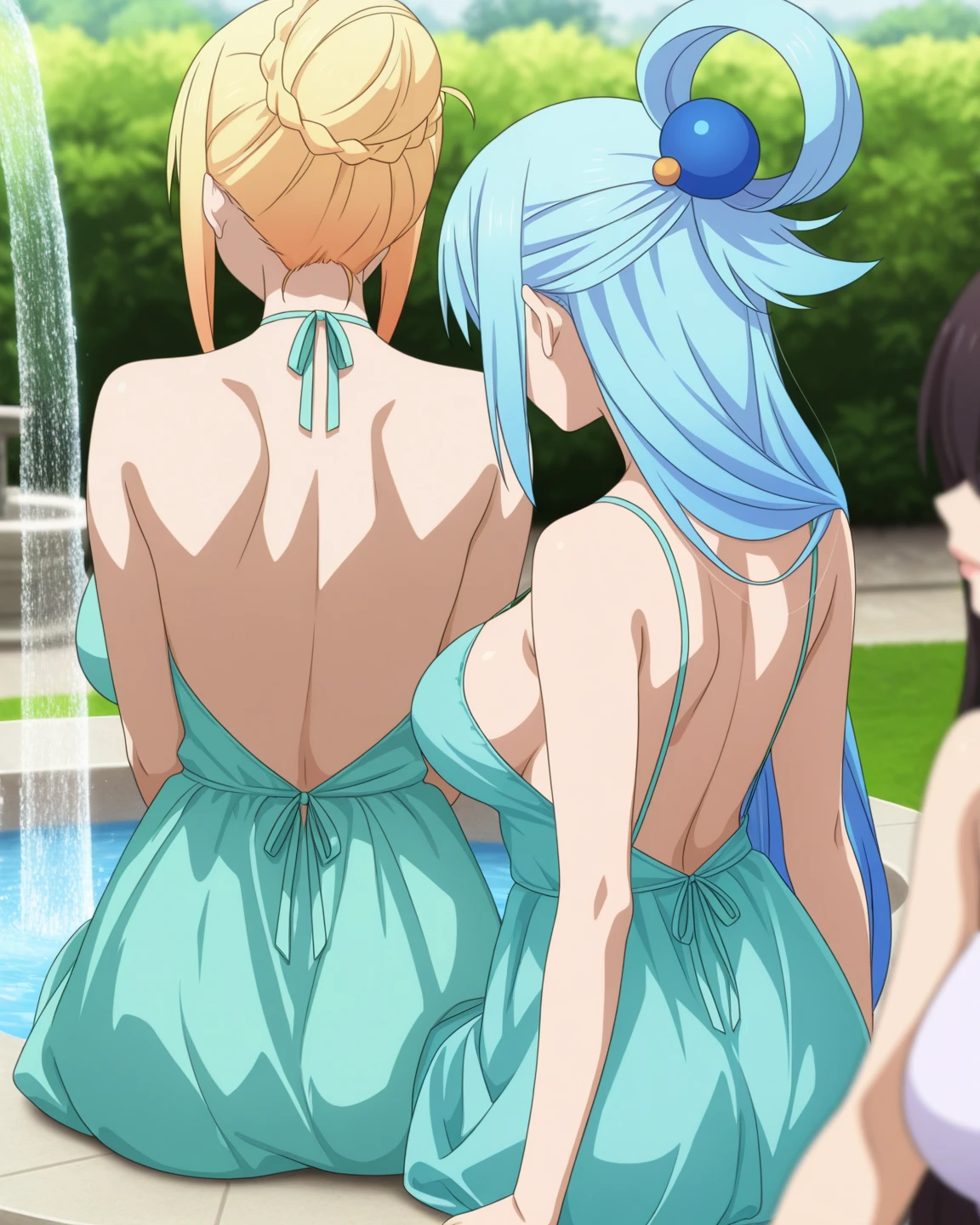 (Very detailed CG ユニティ 8k 壁紙)、(masterpiece)、(highest quality)、(Very detailed)、(Best illustrations)、(Best Shadow)、3 people、noon、Clear skies、Lush green park、((squirt))、(Obi、Bright hair color、blue、Long Hair、Beautiful dress、Big Breasts)、(Bright hair color、yellow、yellowい瞳、Long Hair、Beautiful dress)、(Back view、In front、back、back、Bright hair color、Pink、bikini、short hair)、high resolution、Sweat、Bright hair color、Shiny skin、Shiny texture