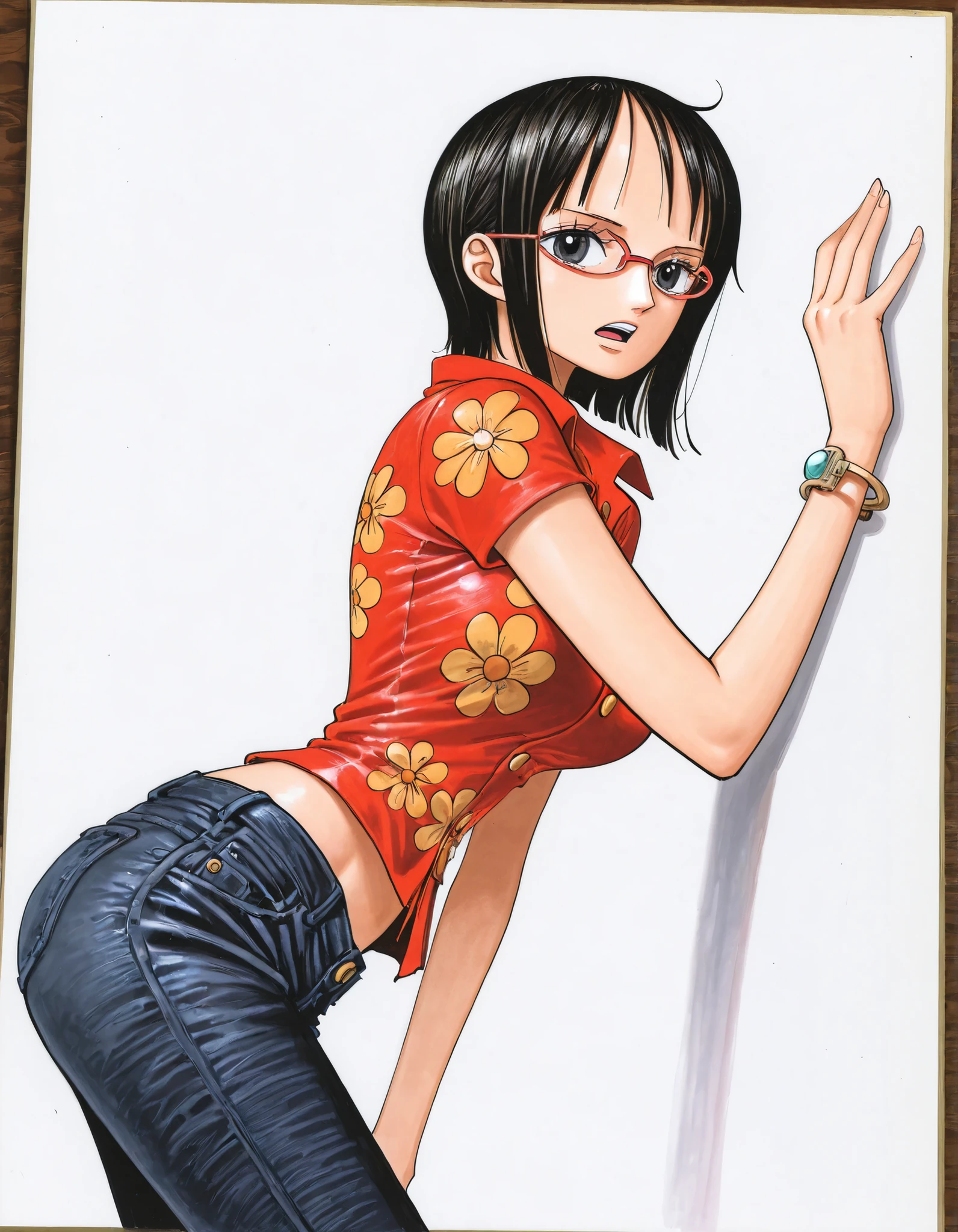 girl ,Nami (one piece), , jewelry, breasts, black hair, ((straight hair)), detailed gray eyes, short hair, looking at viewer, bracelet, breasts, white background, , traditional media, (slim body, slim arms, slender body, ),narrow waist, open mouth, cowboy shot, on side, (aloha shirt), glasses, red frame glasses, dark denim pants, ,