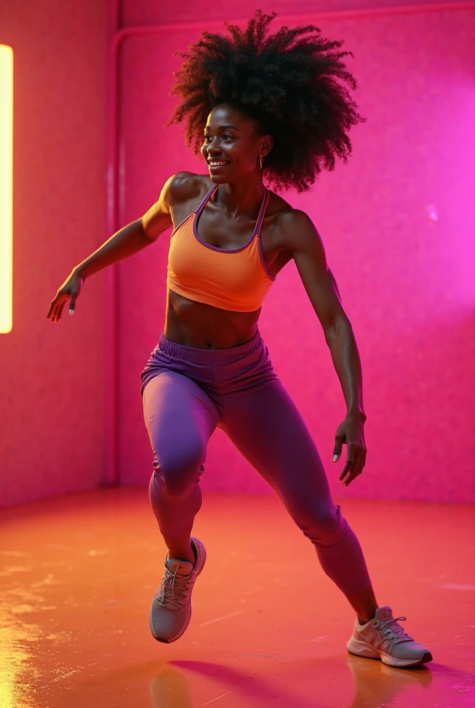 Short gym woman with curly hair holding gym weight